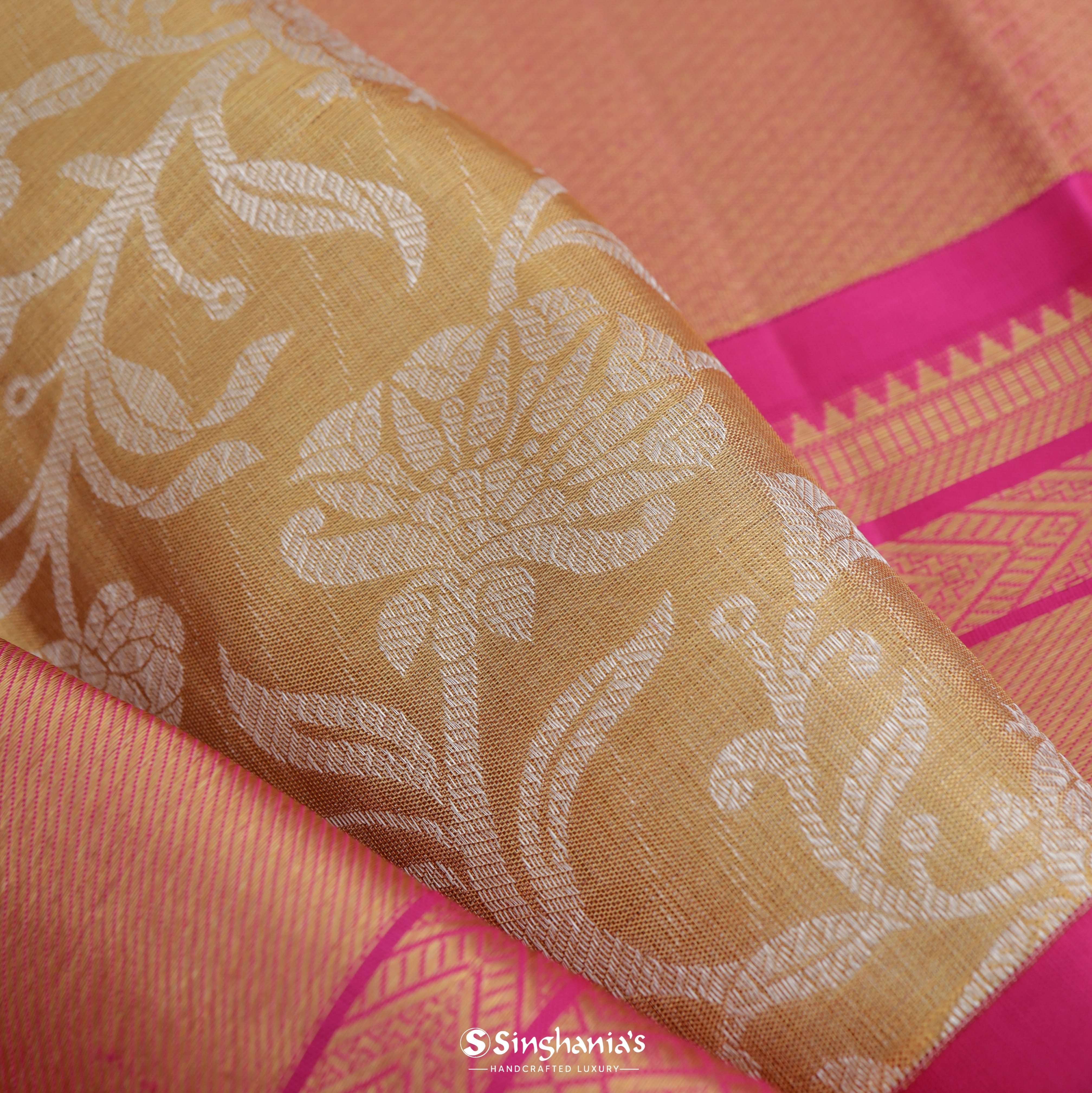Peach Orange Kanjivaram Silk Saree With Floral Jaal Pattern
