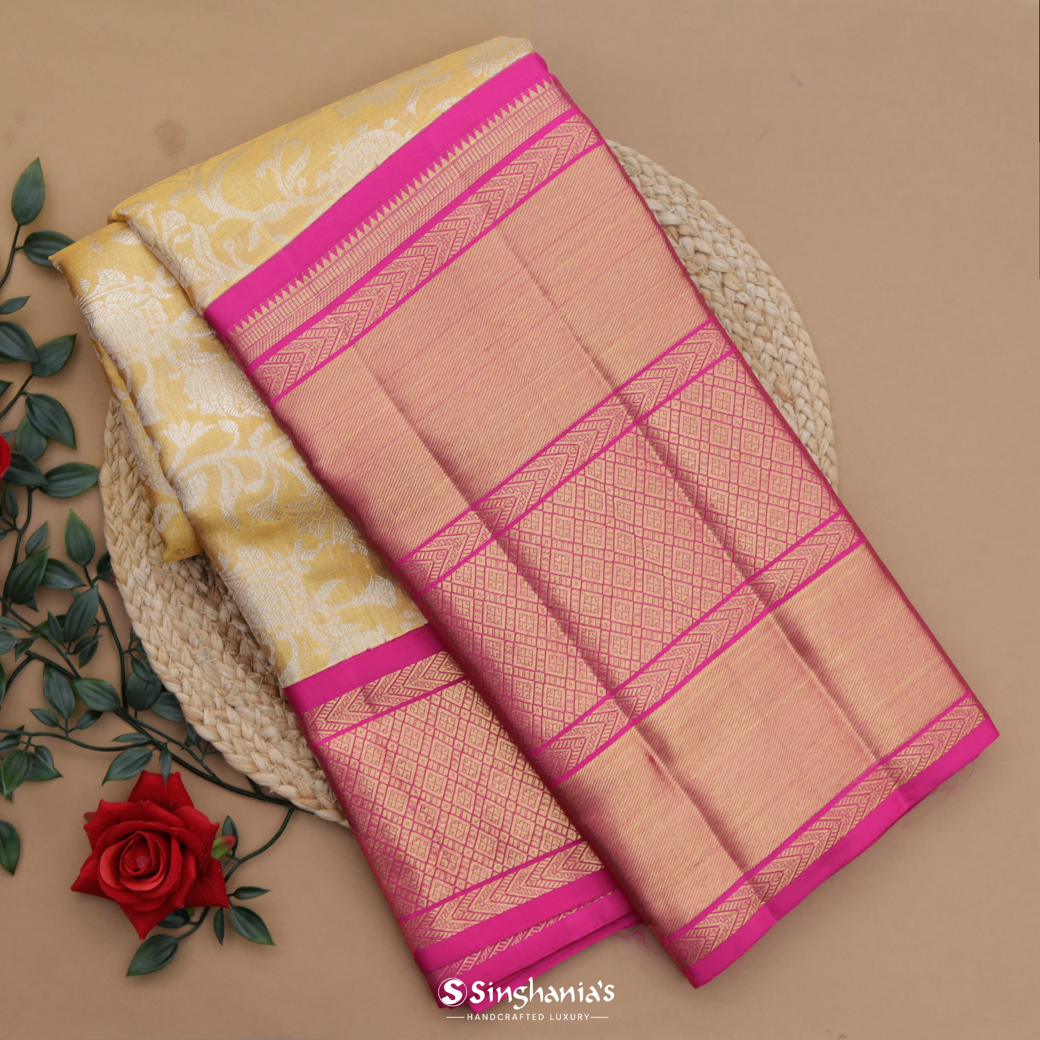 Banarasee Organza Mix Saree With Jaal Design & Floral Border-White