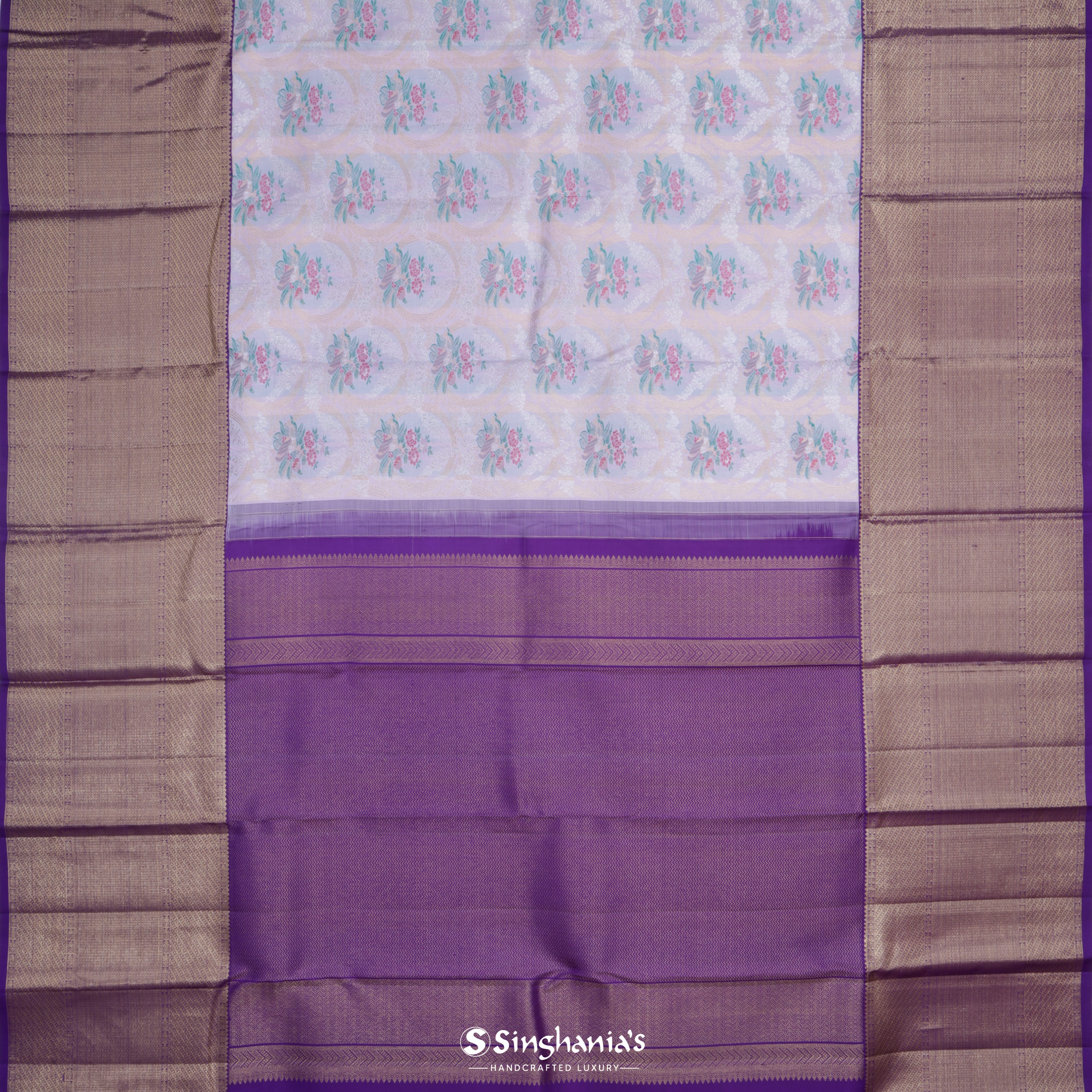 Light Lavender Kanjivaram Silk Saree With Floral Design
