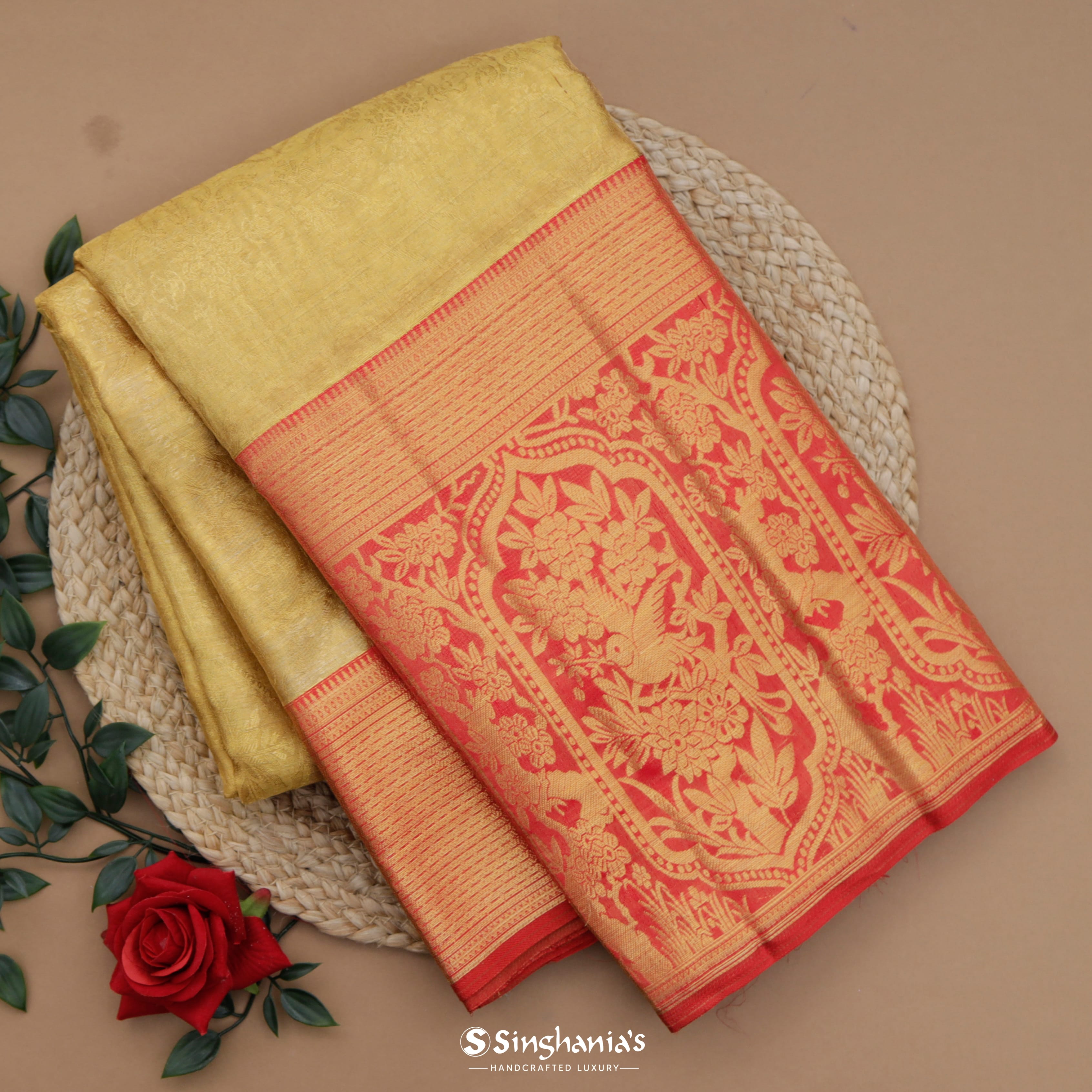 Trombone Yellow Kanjivaram Silk Saree With Floral Pattern