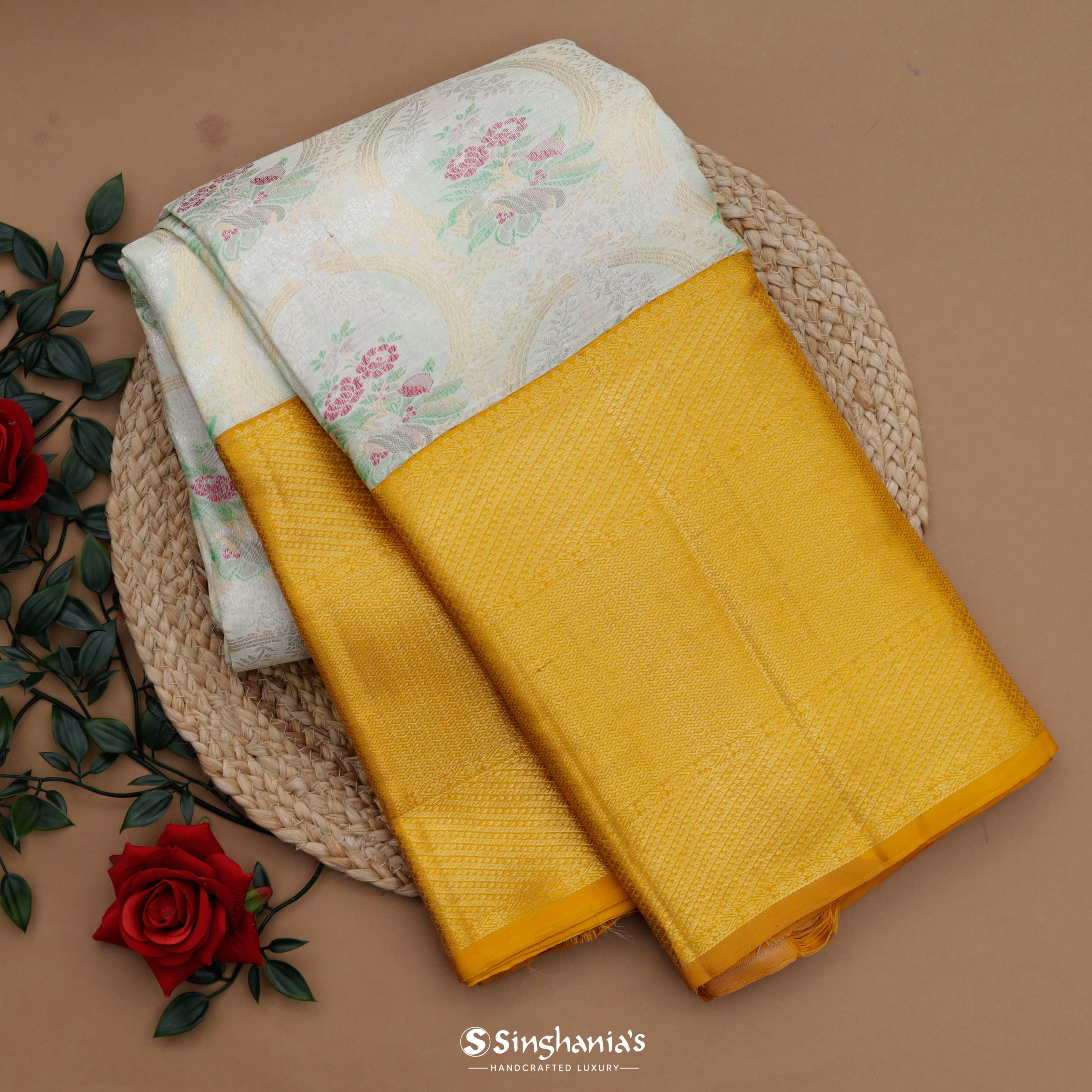 Pale Butter Yellow Kanjivaram Silk Saree With Floral Pattern