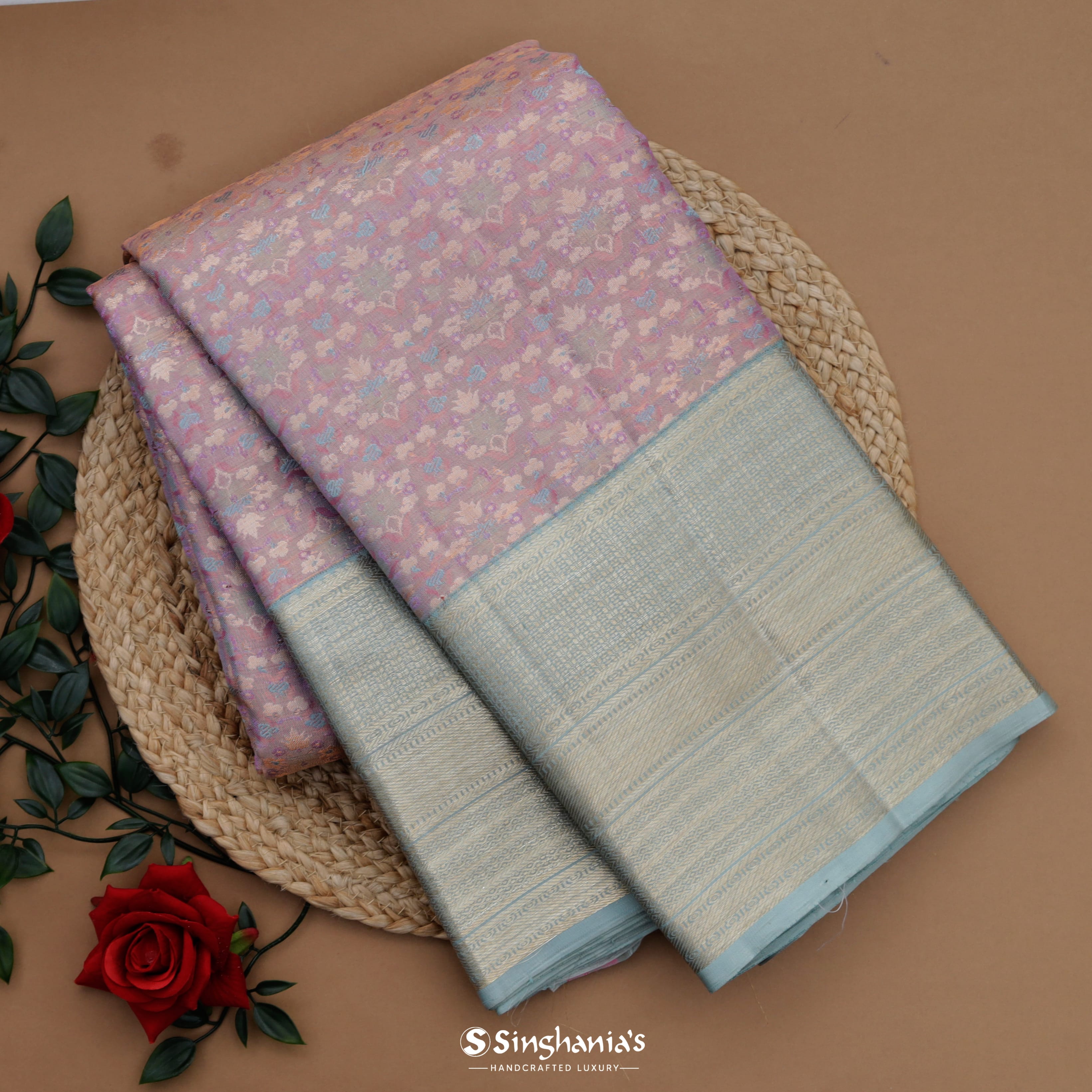Light Mauve Pink Kanjivaram Silk Saree With Floral Pattern