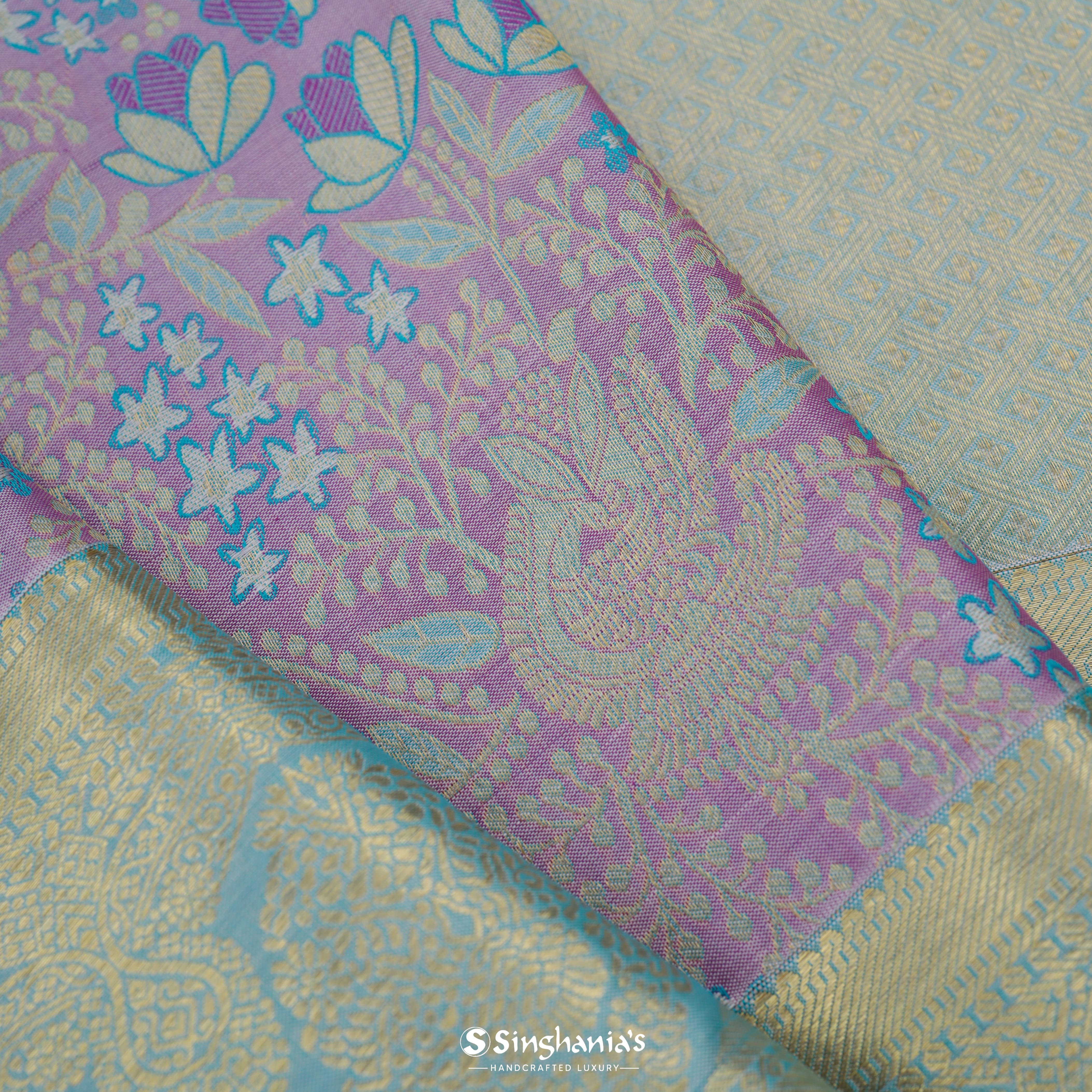 Lilac Purple Kanjivaram Silk Saree With Floral Jaal Pattern