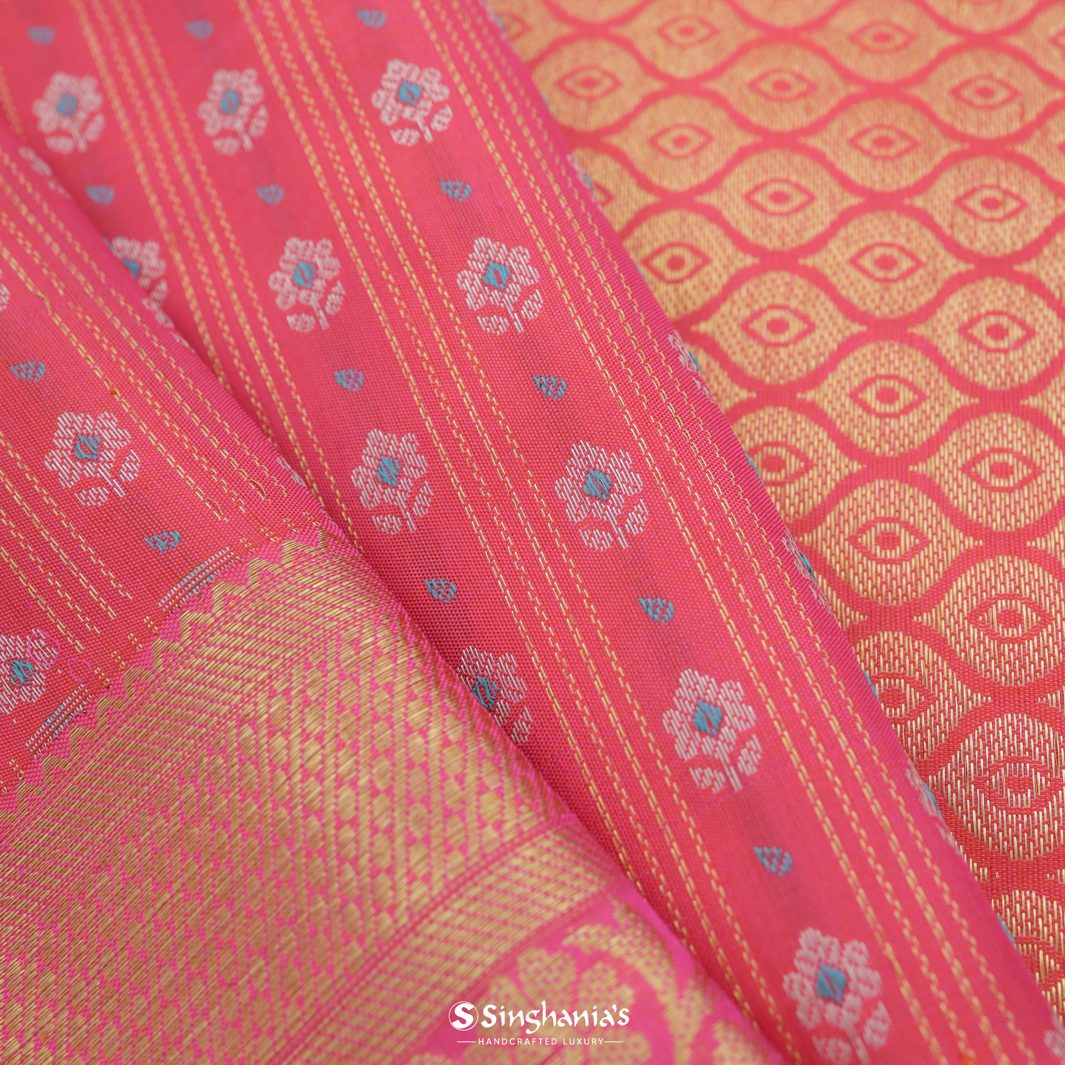 Punch Pink Kanjivaram Silk Saree With Floral Pattern