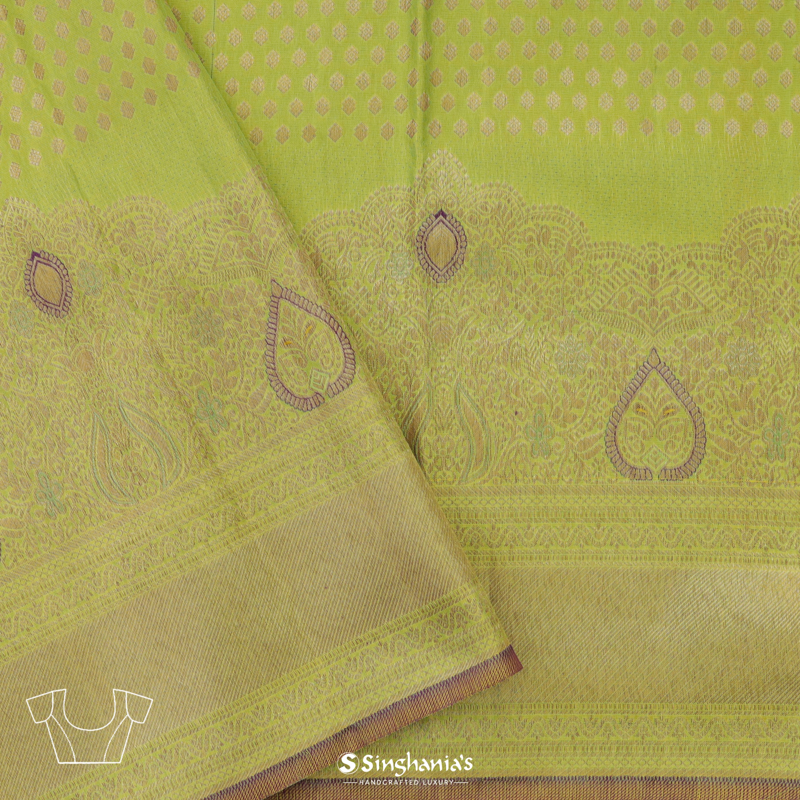 Feldgrau Green Kanjivaram Silk Saree With Tiny Buttas