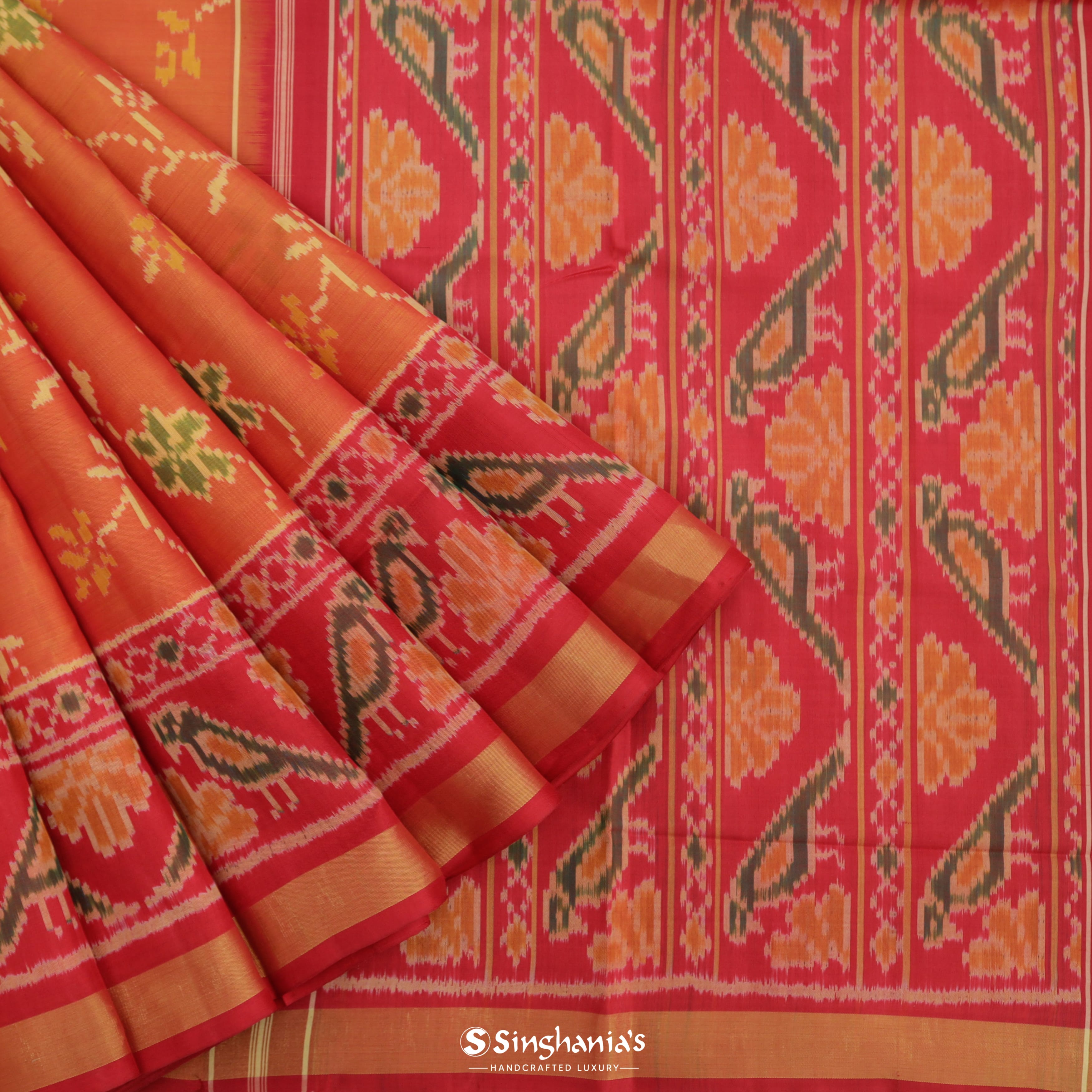 Safety Orange Patola Silk Saree With Floral Ikat Pattern