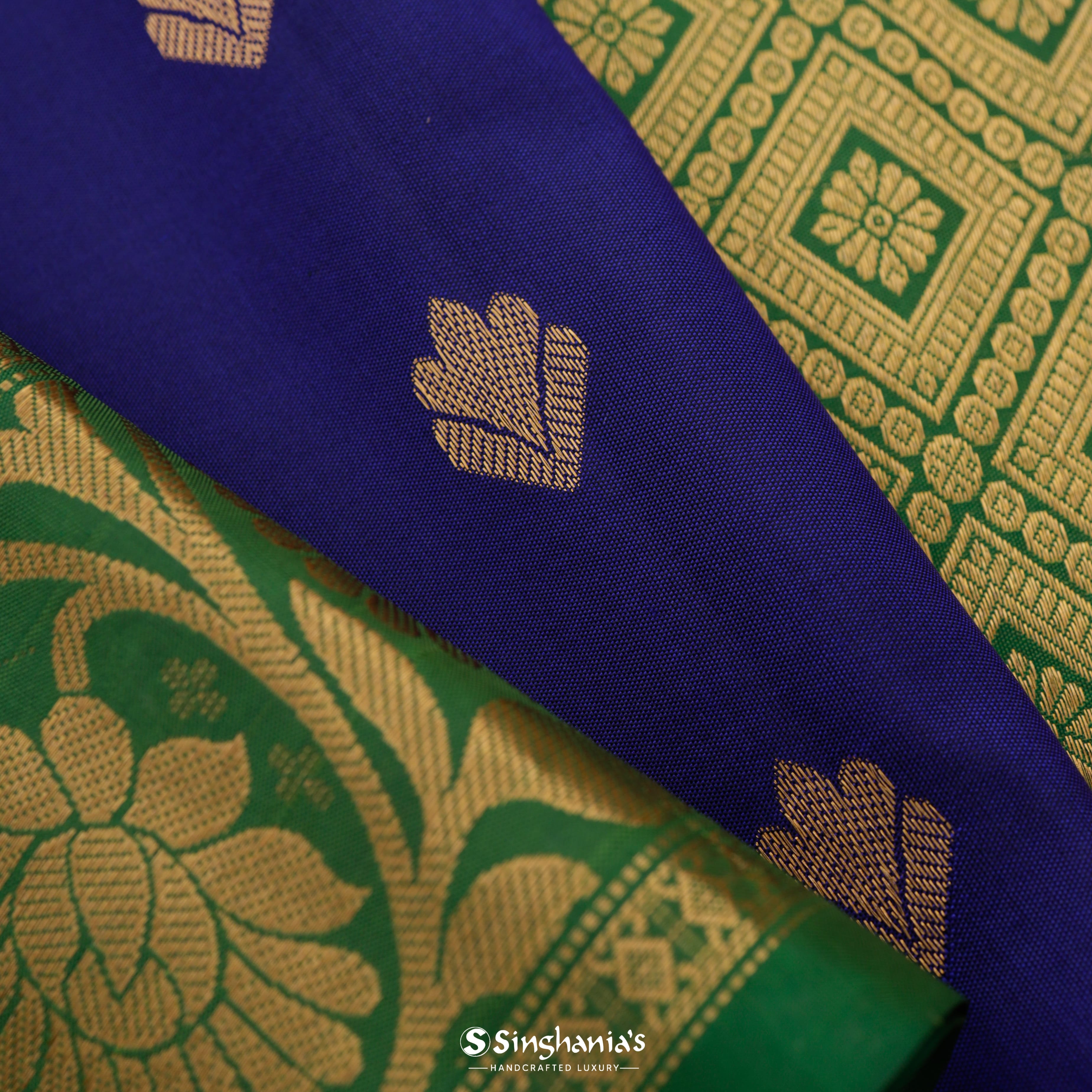 Navy Blue Gadwal Silk Saree With Floral Motifs