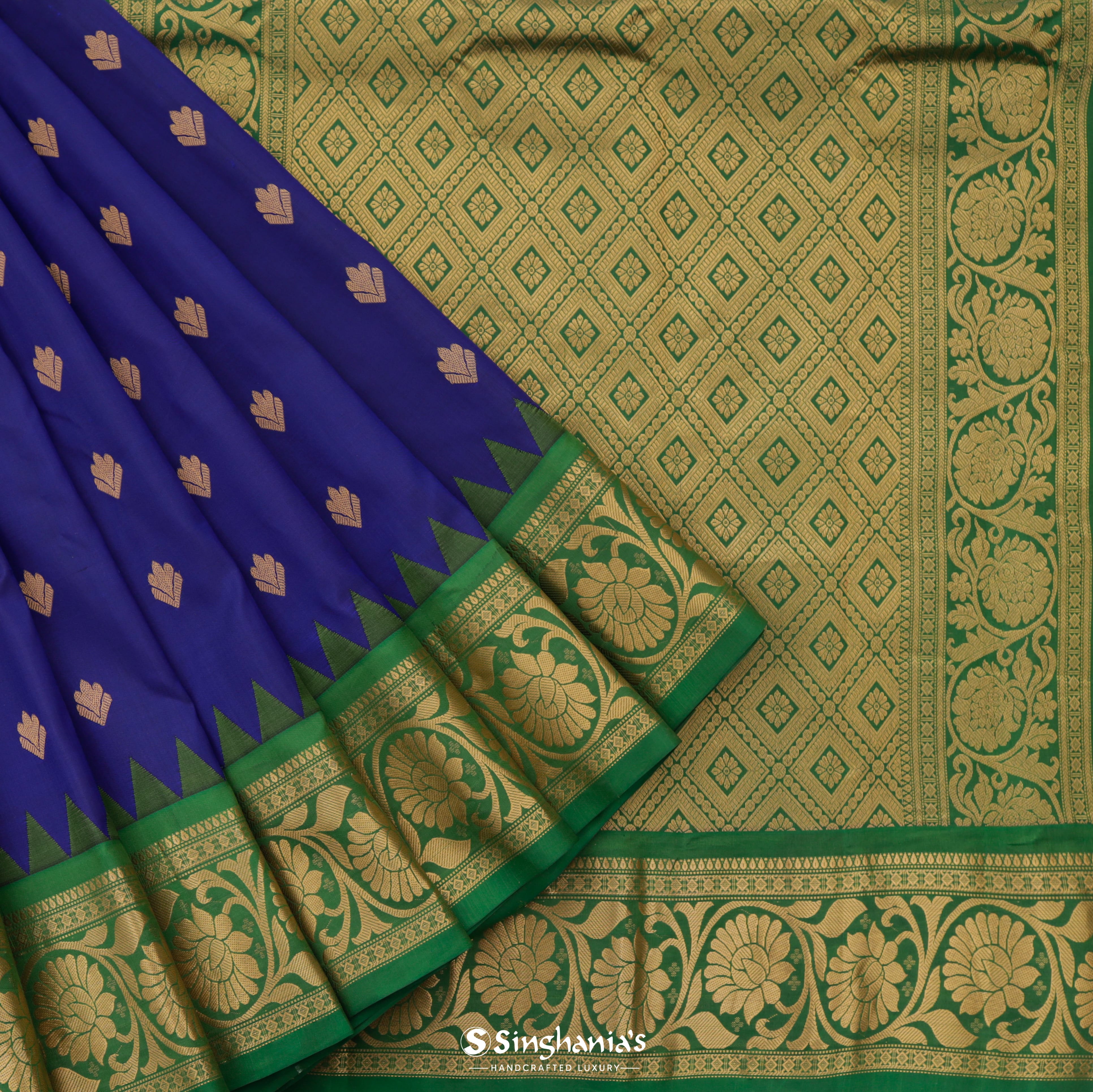Navy Blue Gadwal Silk Saree With Floral Motifs