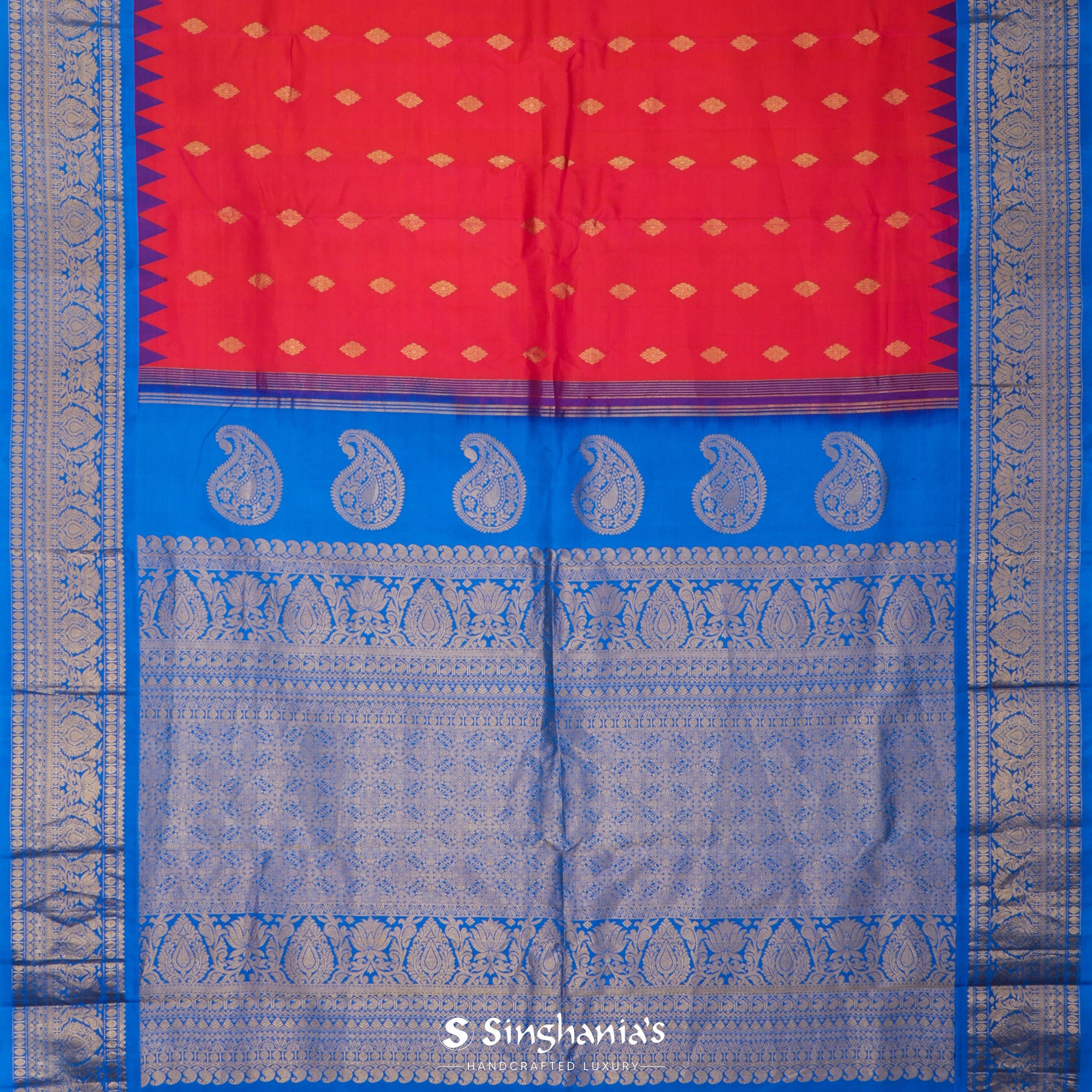 Imperial Red Gadwal Silk Saree With Floral Motifs
