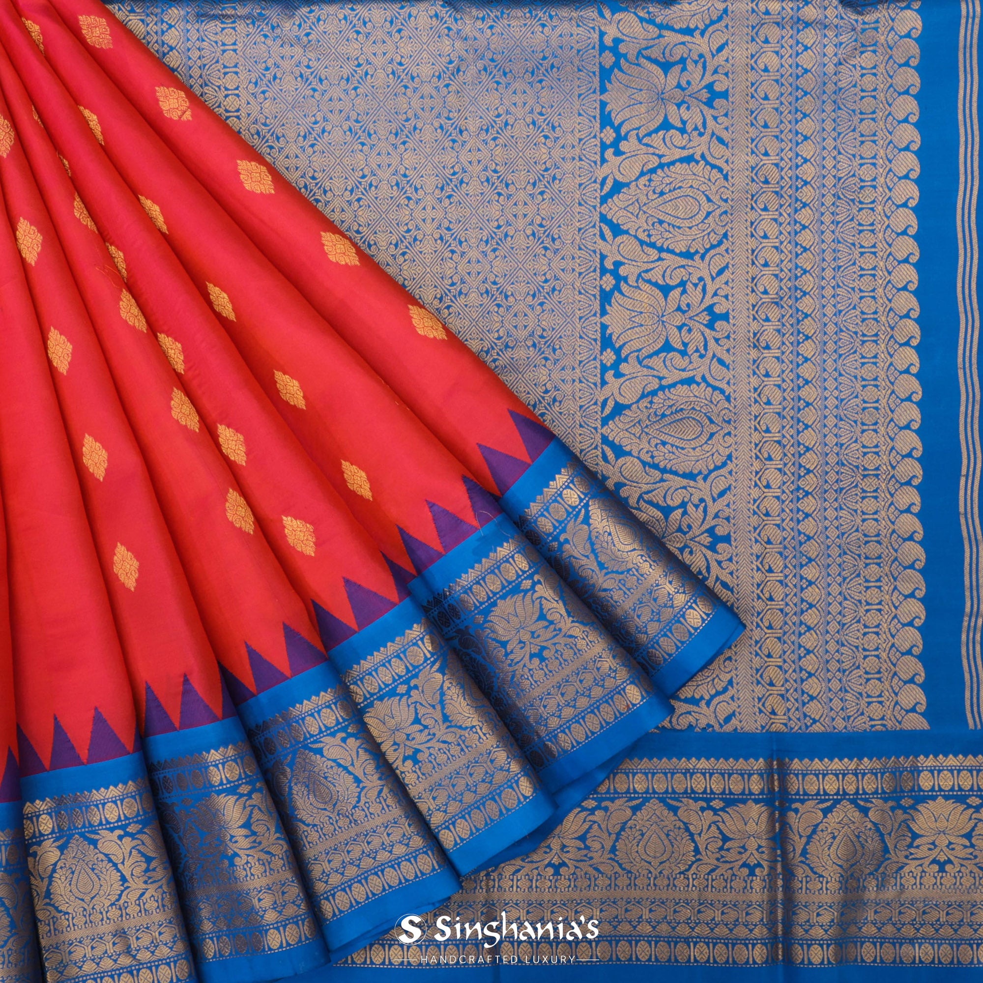 Imperial Red Gadwal Silk Saree With Floral Motifs
