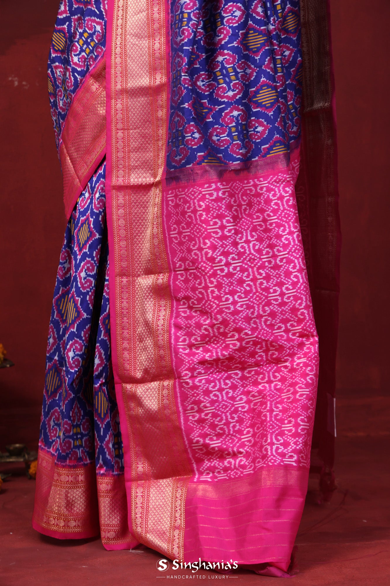 Indigo Blue Ikkat Silk Saree With Kanjivaram Border
