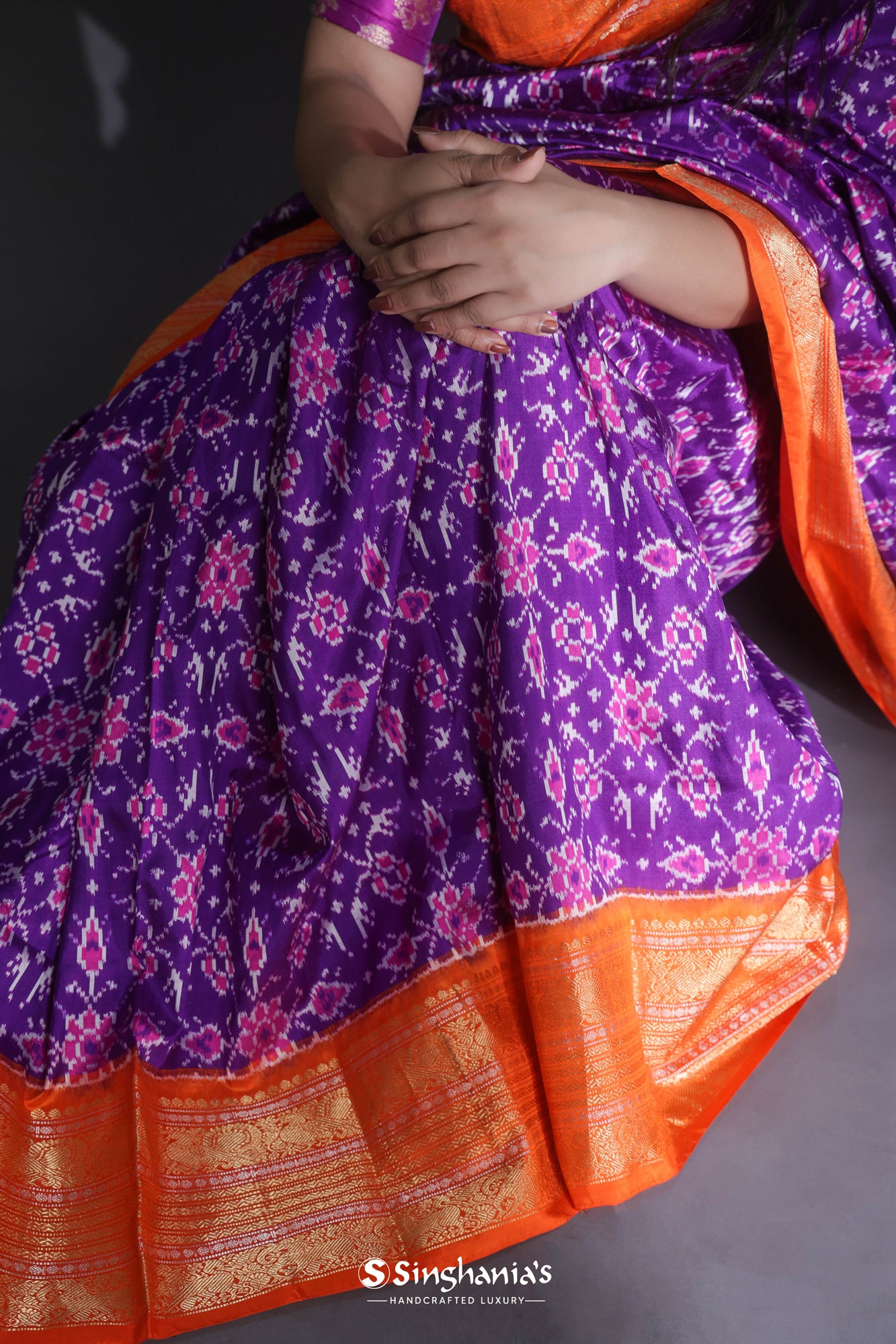 Violet Ikkat Silk Saree With Kanjivaram Border