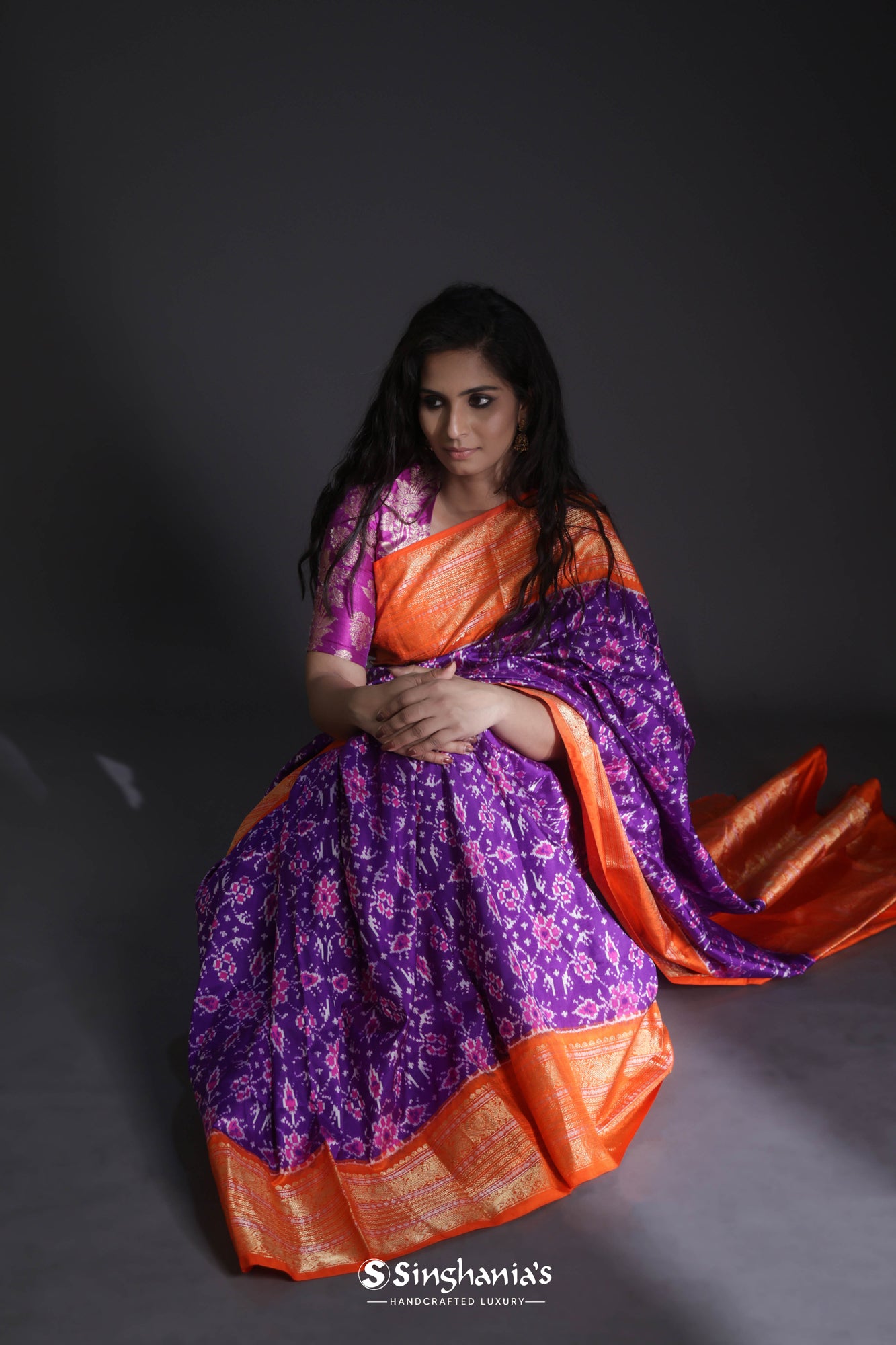 Violet Ikkat Silk Saree With Kanjivaram Border
