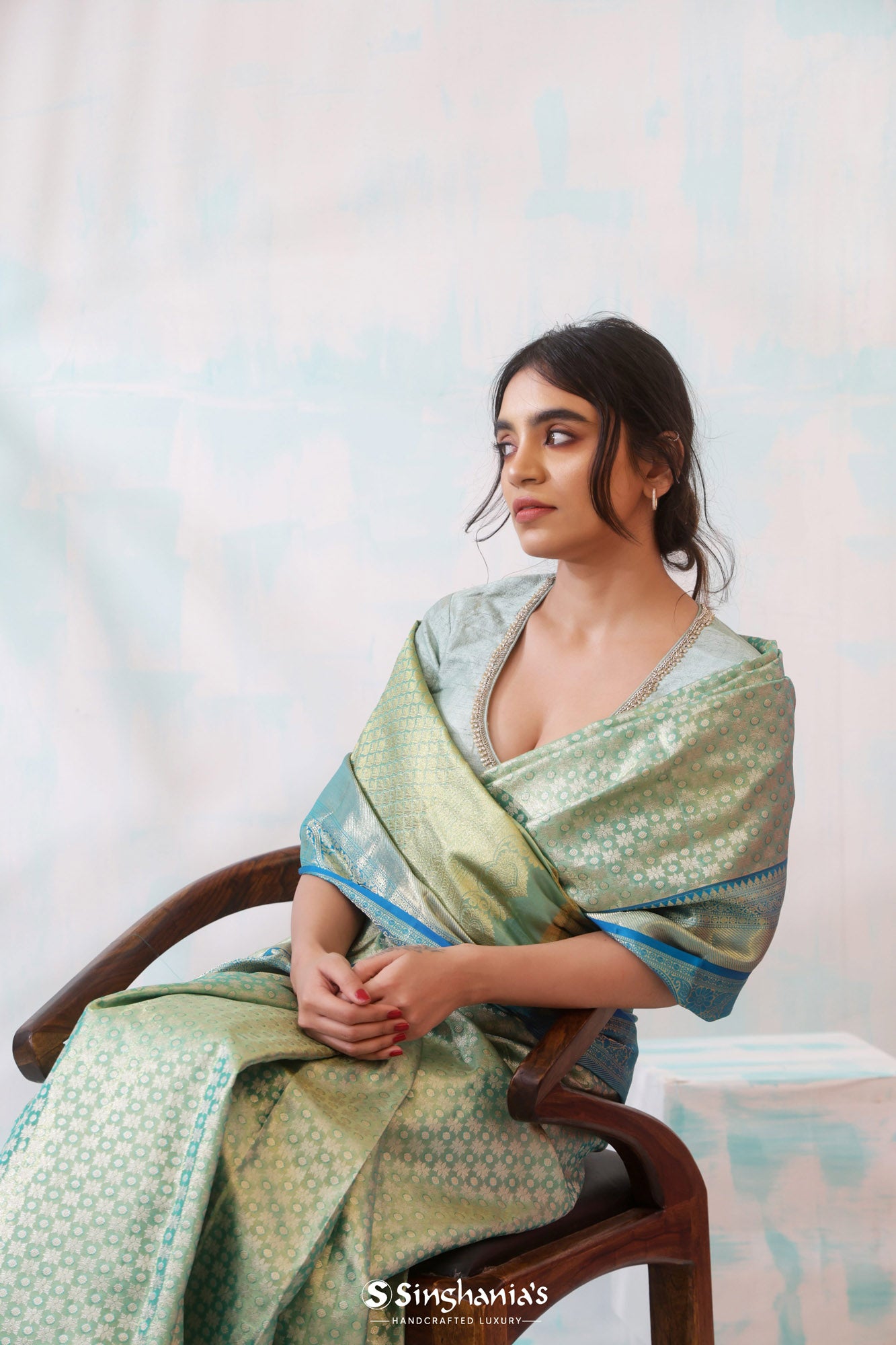 Viridian Green Kanjivaram Silk Saree With Floral Design