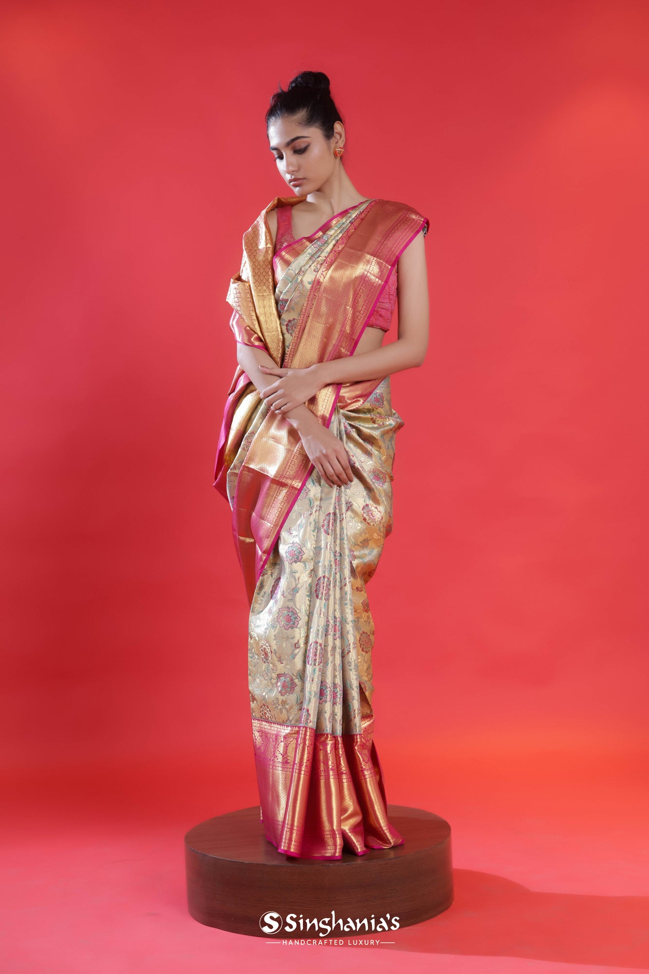 Pastel Gold Meenakari Kanjivaram Silk Saree