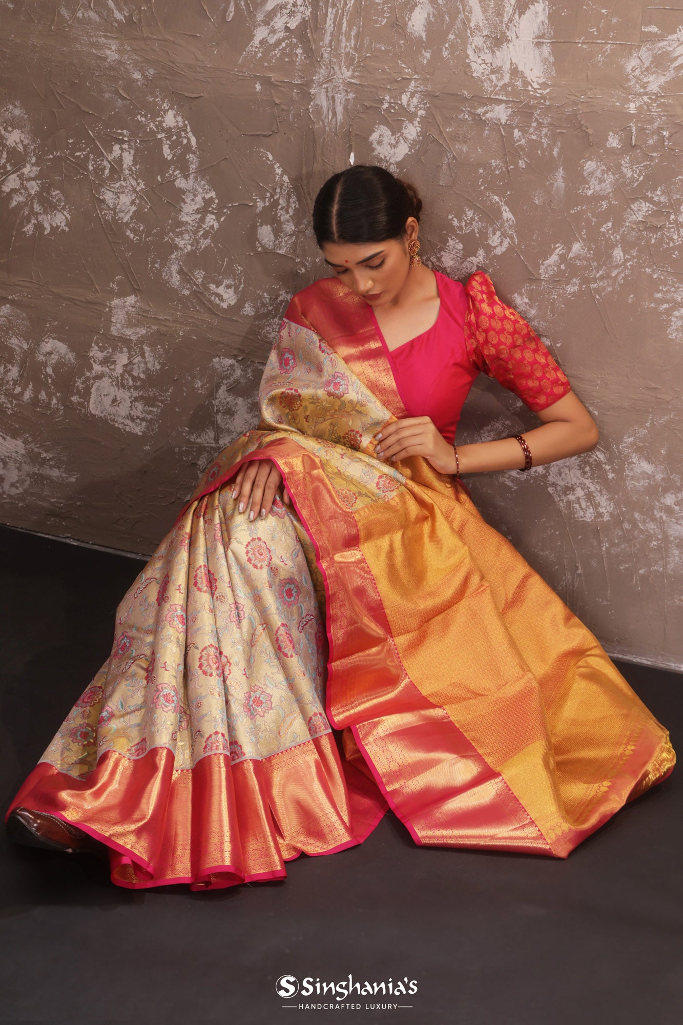 Honey Beige Tissue Kanjivaram Silk Saree With Floral Design