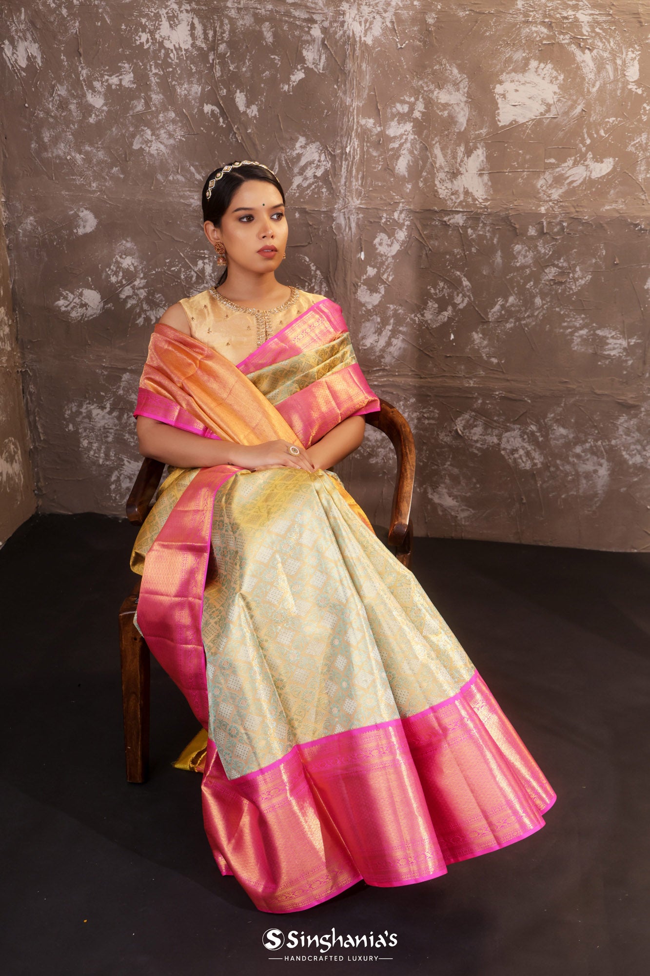 Indian Yellow Kanjivaram Silk Saree With Floral Jaal Pattern