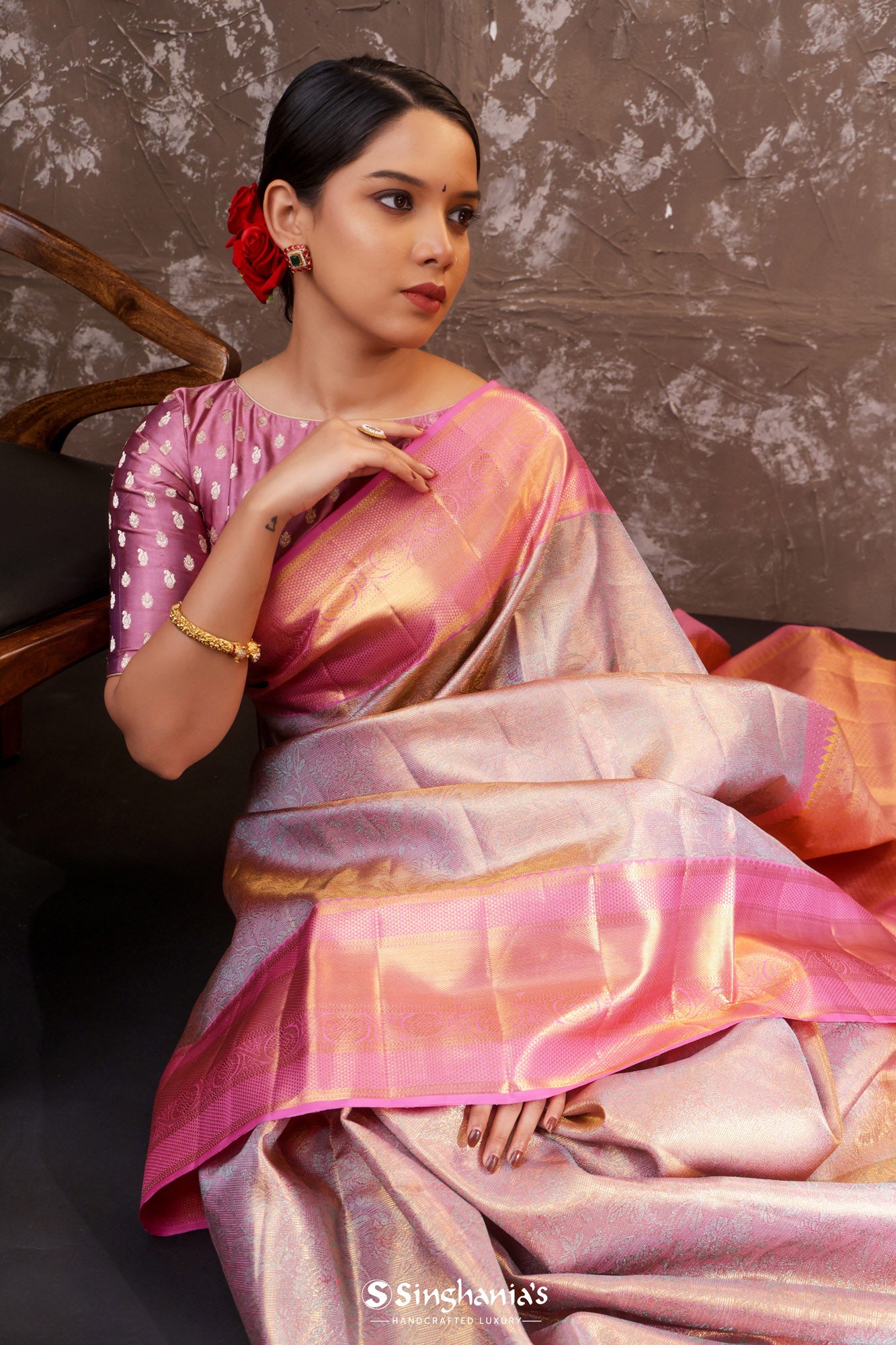 Nadeshiko Pink Tissue Kanjivaram Silk Saree With Floral Design
