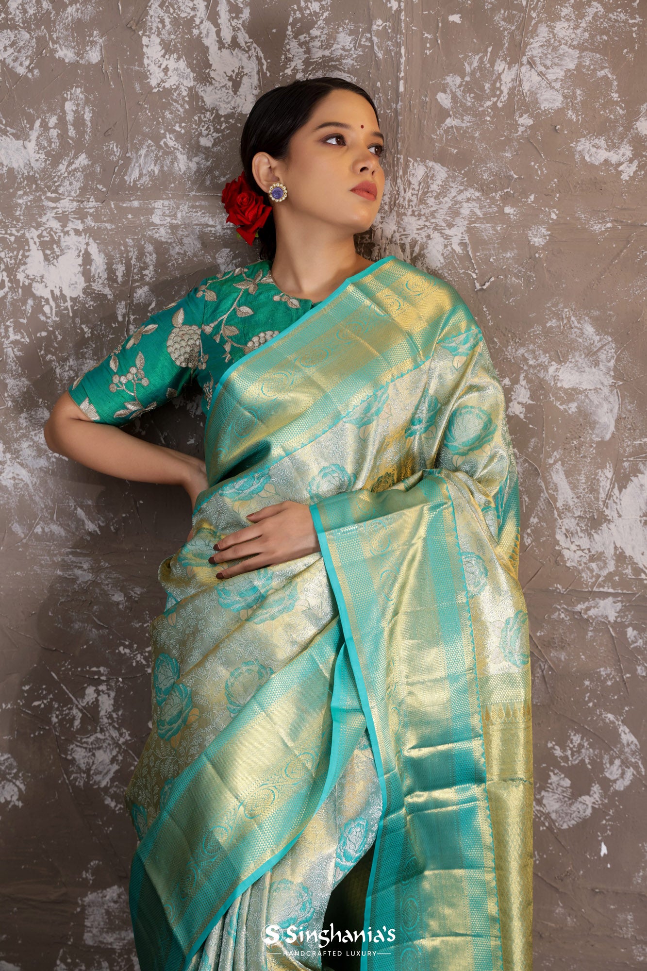 Medium Turquoise Blue Tissue Kanjivaram Silk Saree With Floral Design