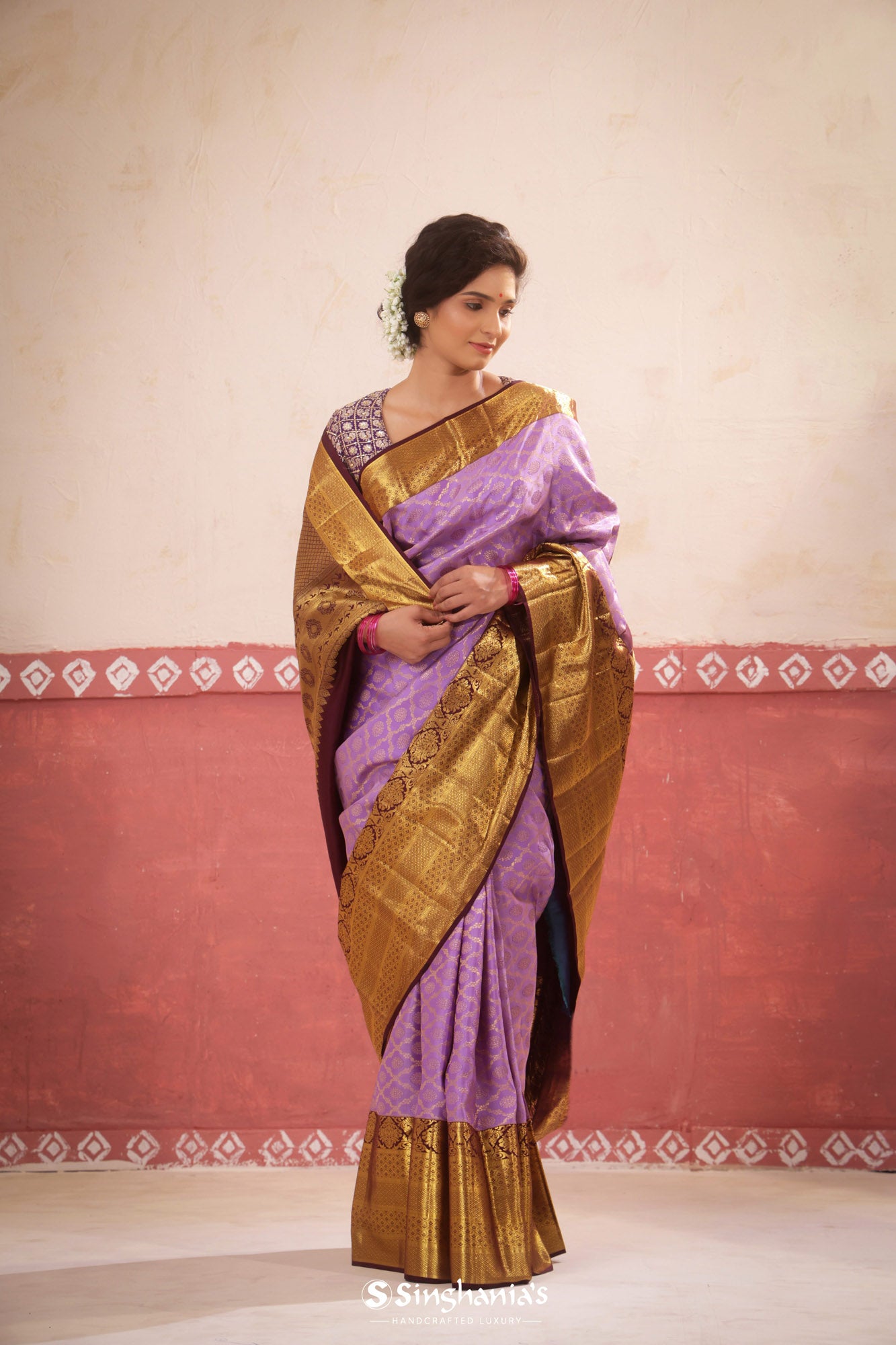 Plum Purple Kanjivaram Silk Saree With Floral Jaal Design