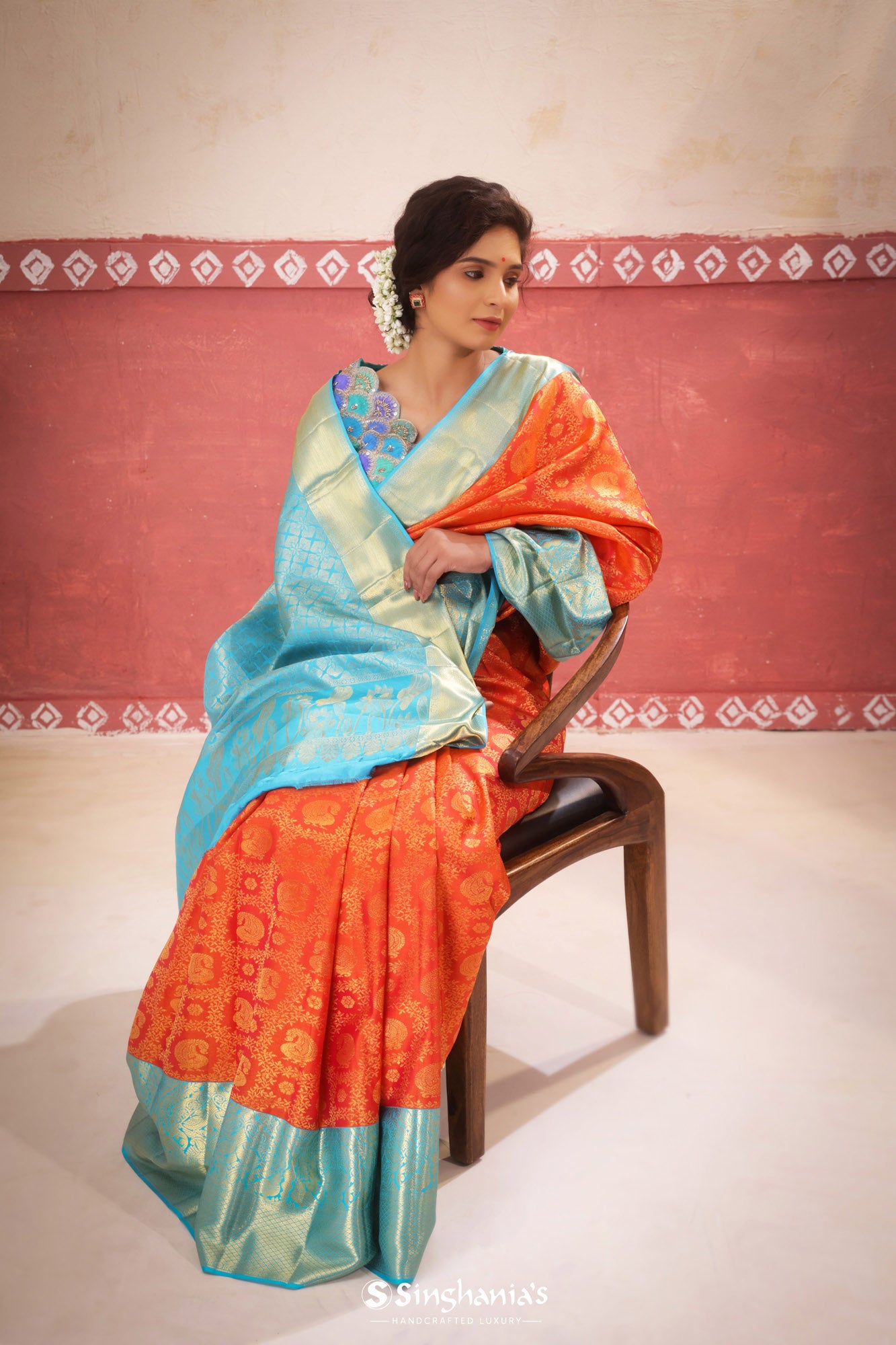 Flame Orange Kanjivaram Silk Saree With Floral Jaal Design