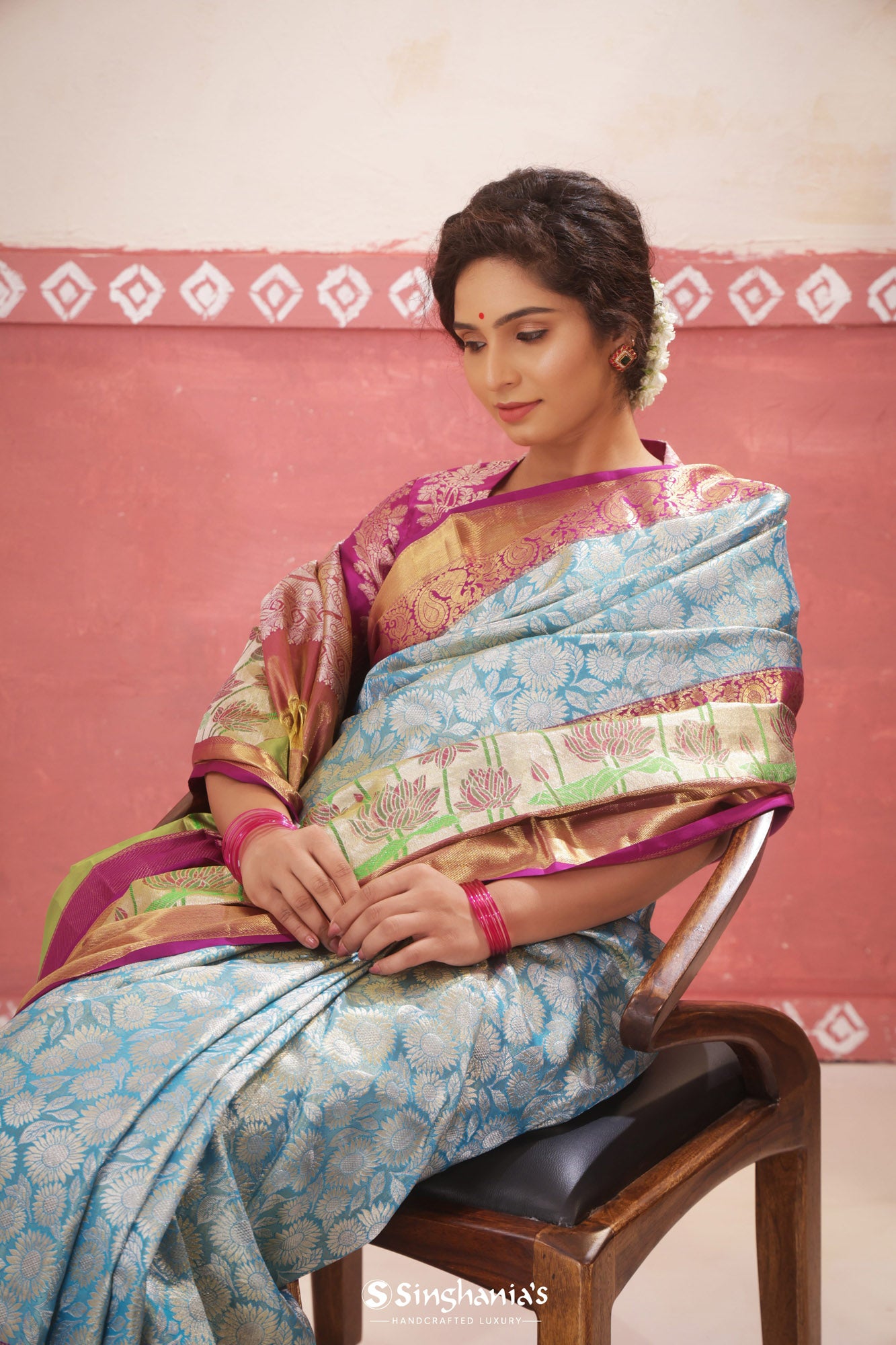 The China Rose' Sage Green Pure Katan Silk Banarasi Handloom Saree - Tilfi