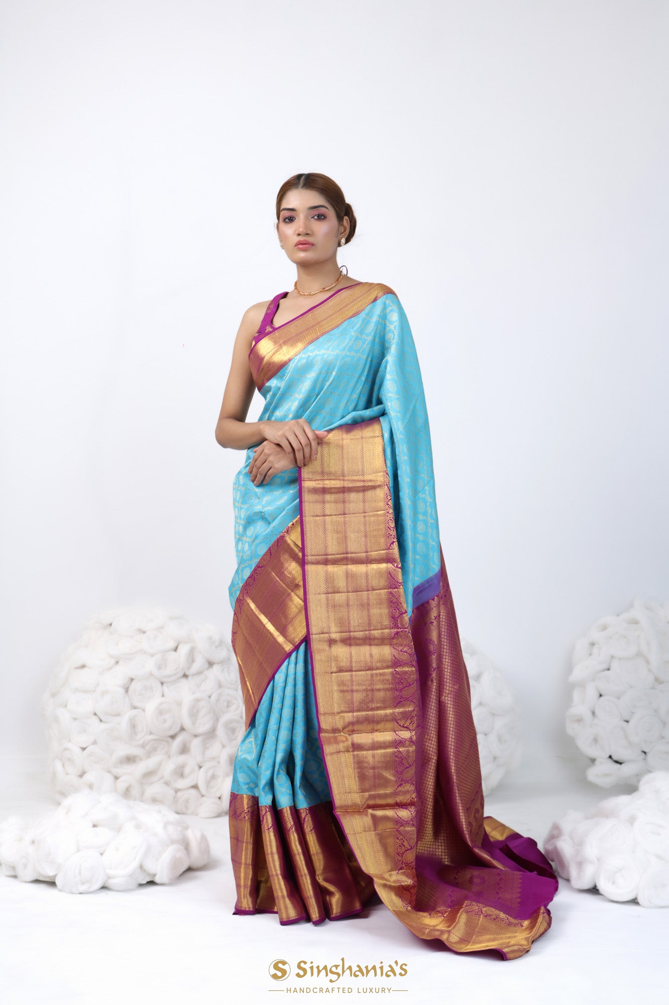 Bright Blue Kanjivaram Silk Saree With Floral Geometrical Weaving