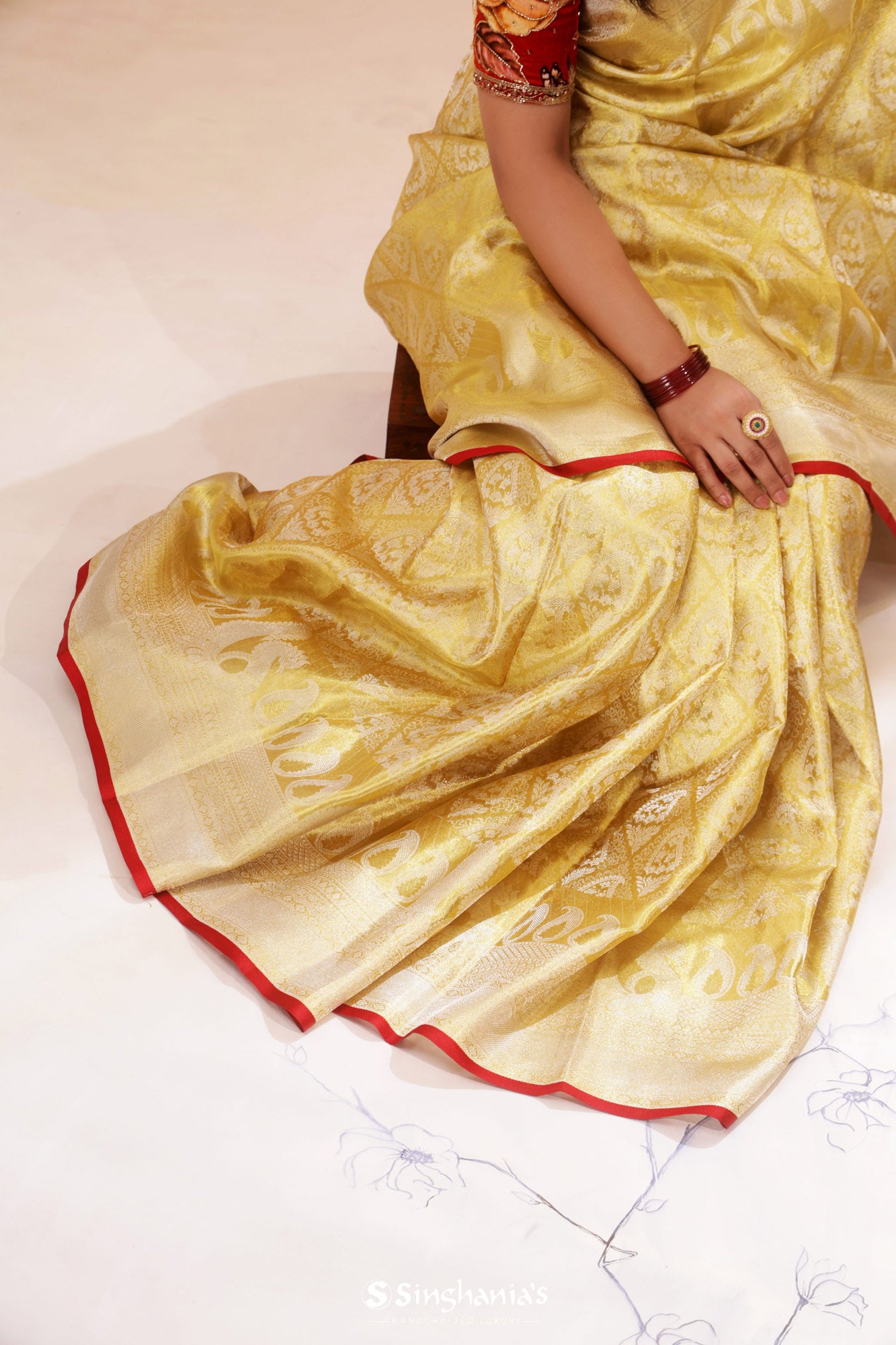 Yellow Cream Kanjivaram Silk Saree With Floral Design