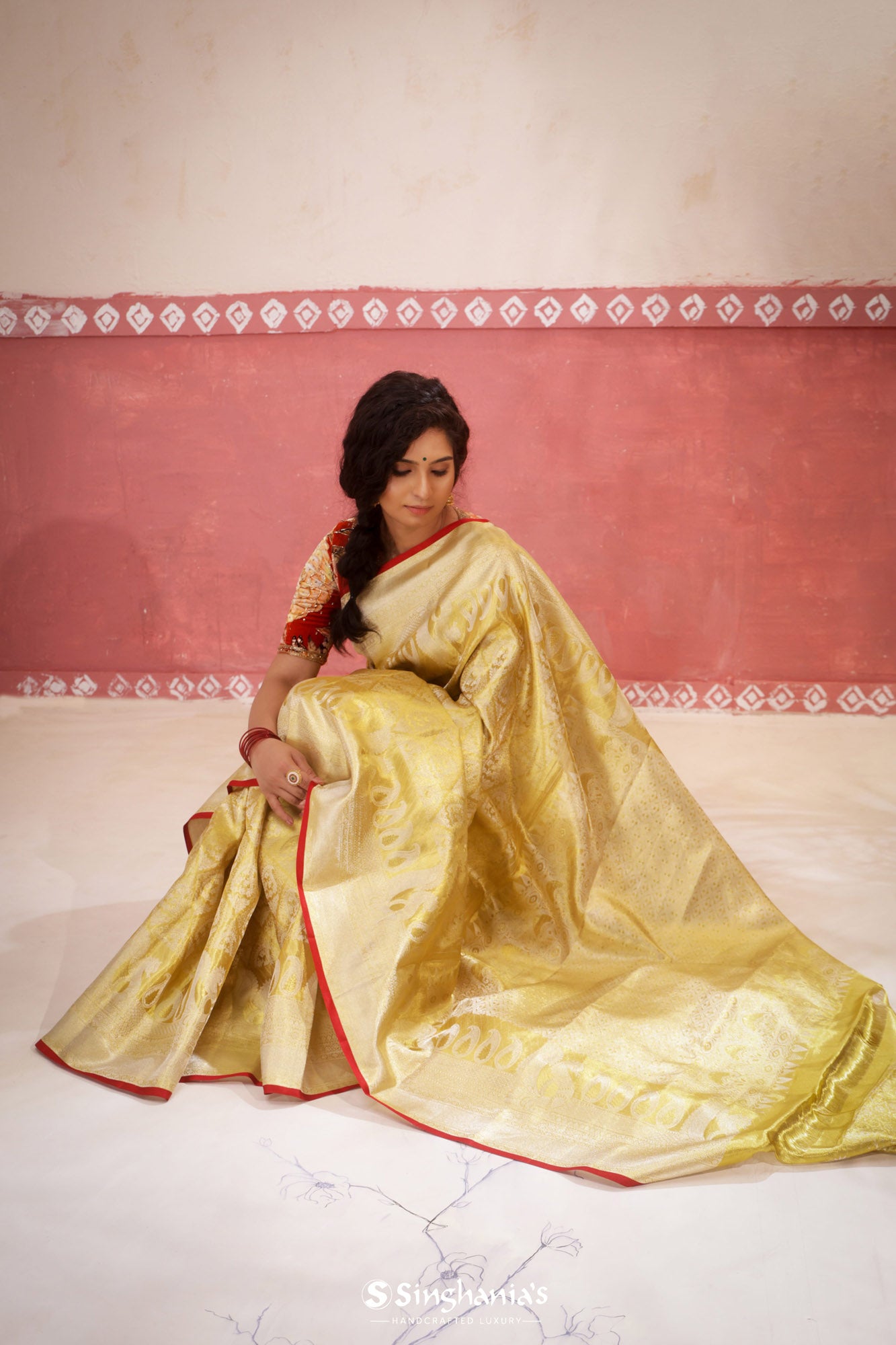 Yellow Cream Kanjivaram Silk Saree With Floral Design