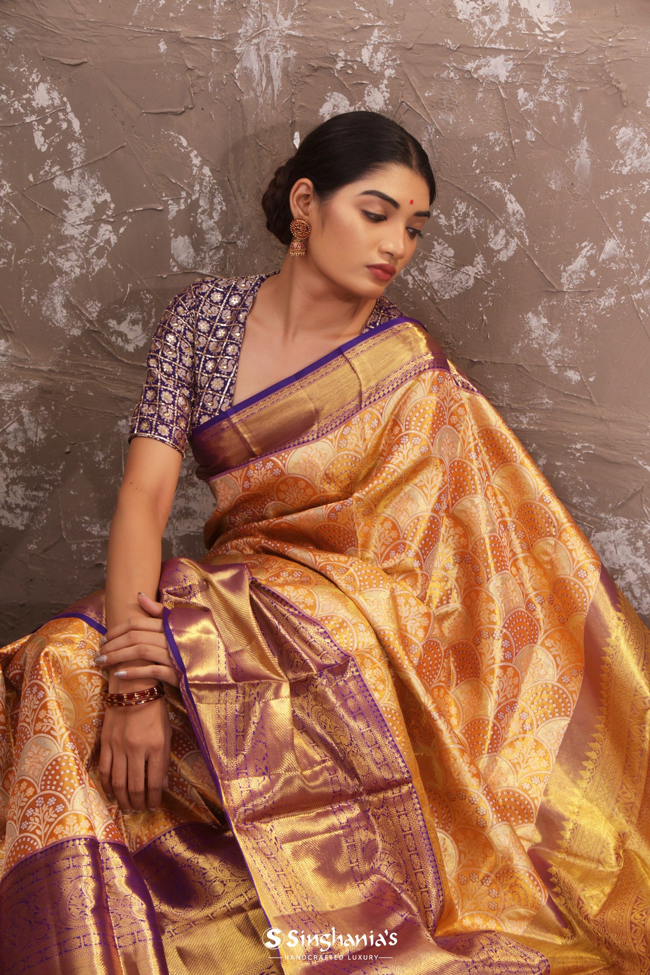 Orange Yellow Kanjivaram Silk Saree With Floral Pattern