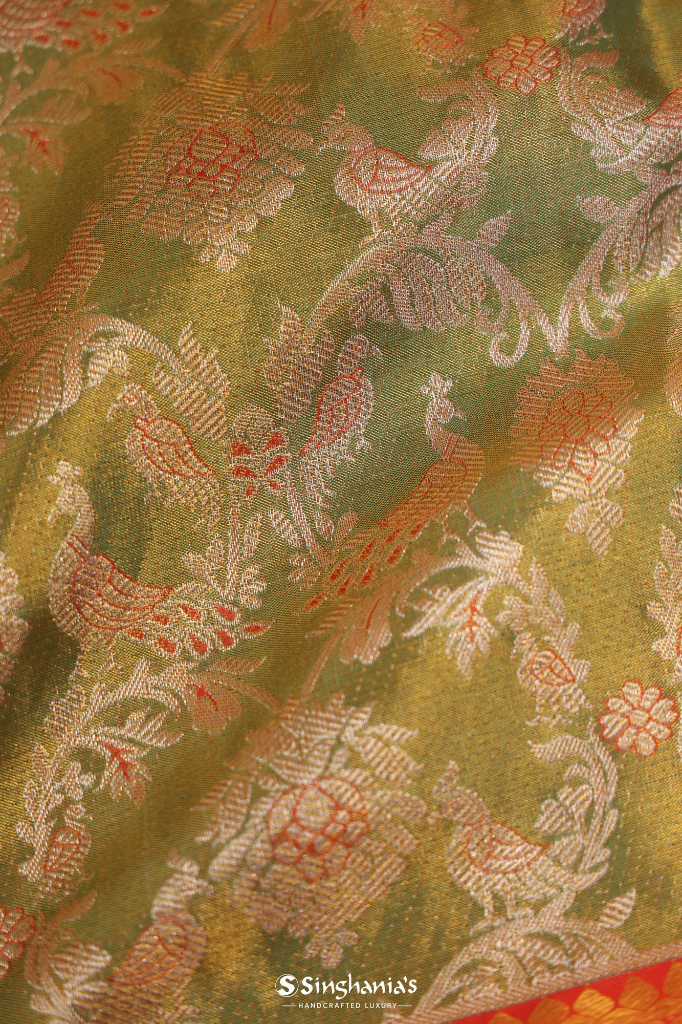 Moss Green Tissue Kanjivaram Silk Saree With Floral And Mayil Jaal Design