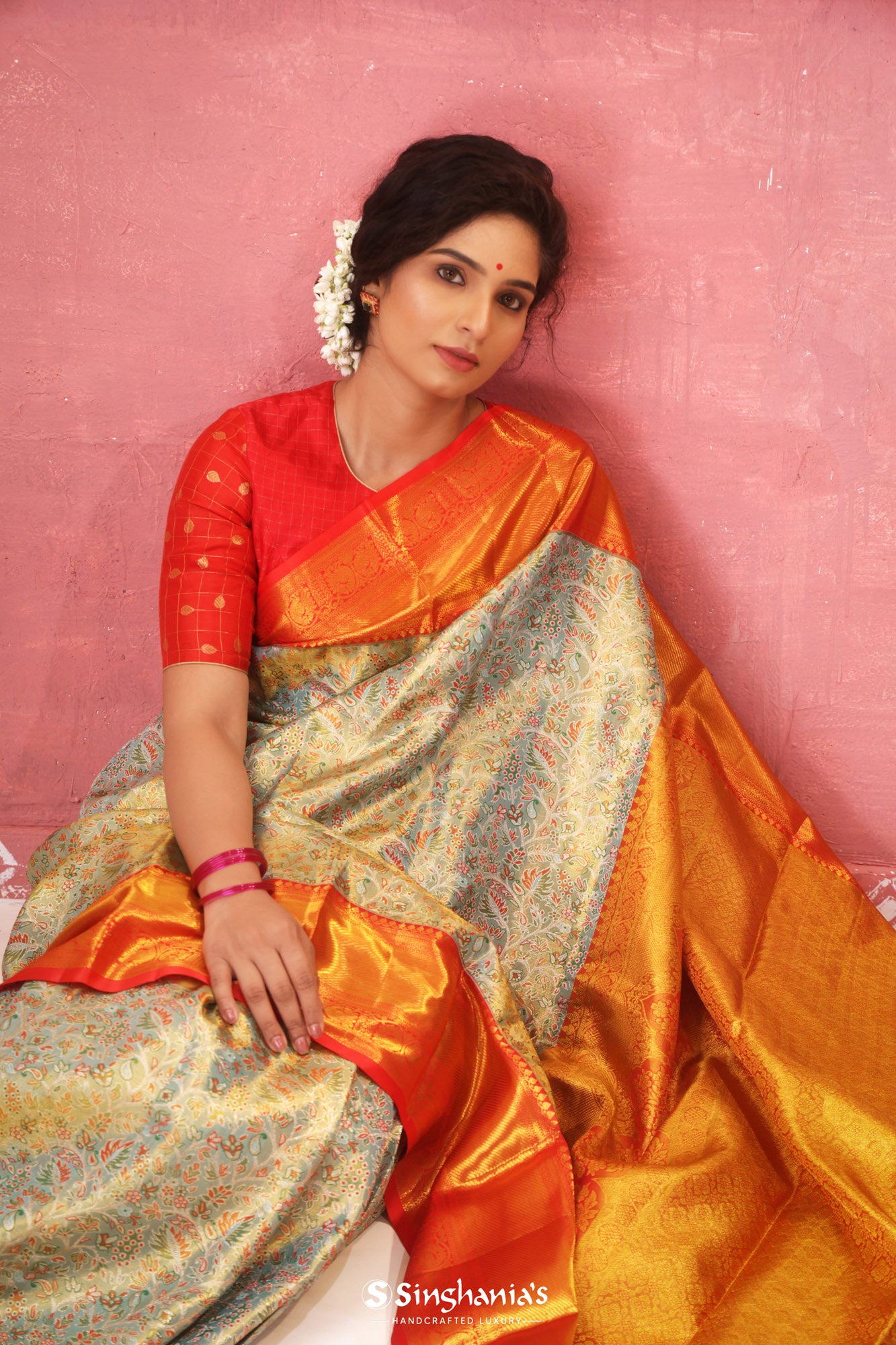 Laurel Green Kanjivaram Silk Saree With Floral Design