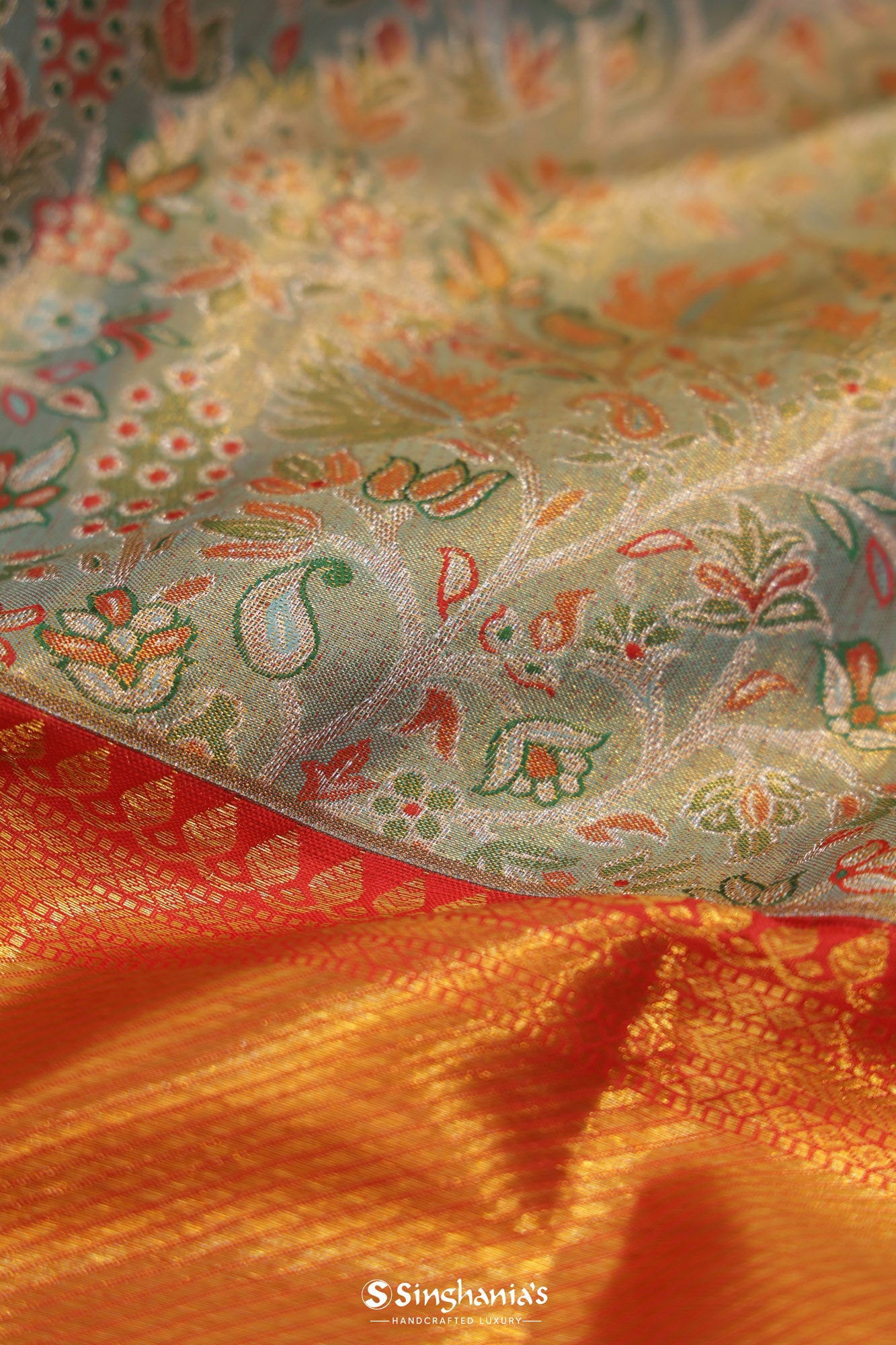 Laurel Green Kanjivaram Silk Saree With Floral Design