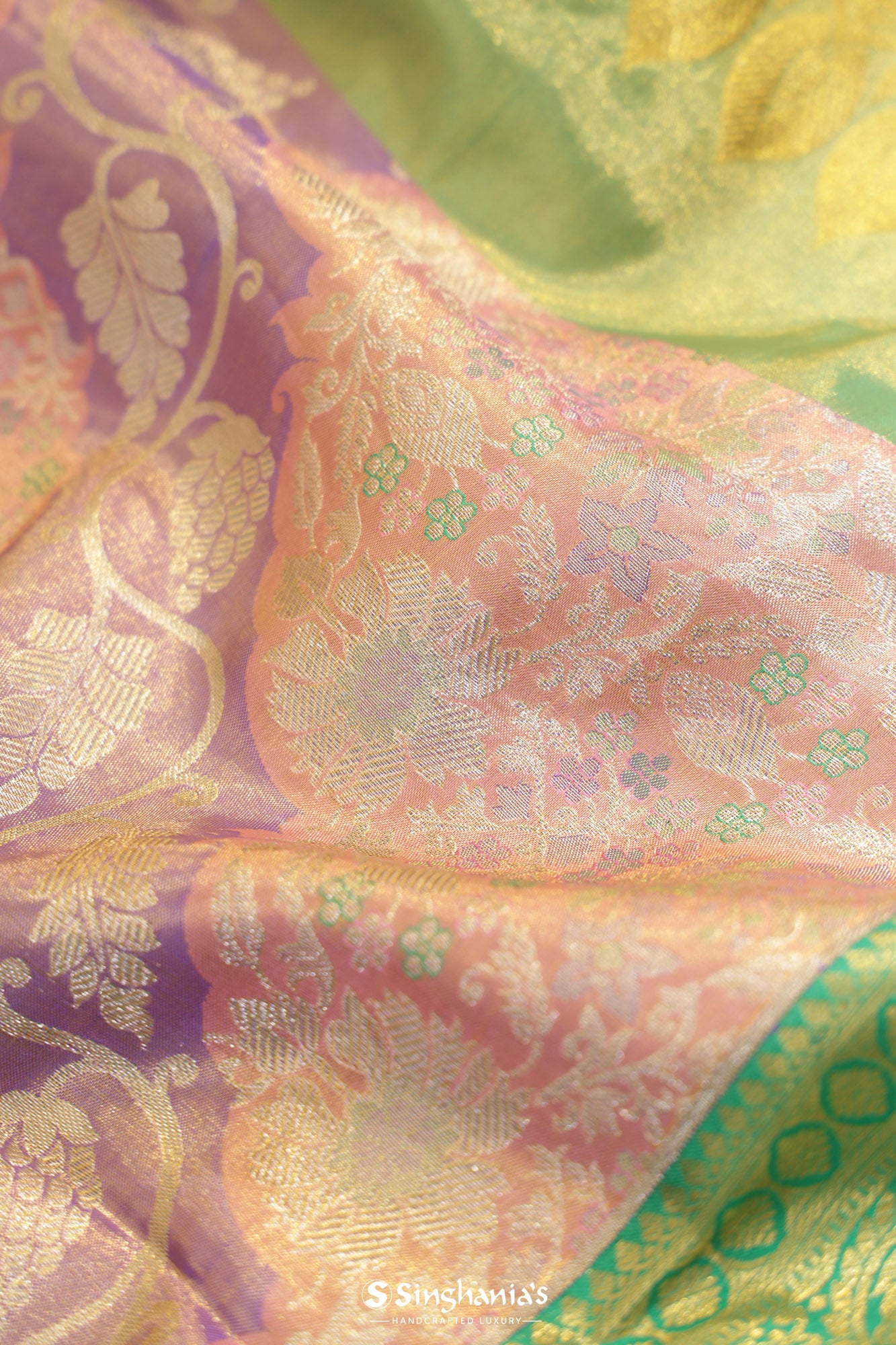 Salmon Peach Tissue Kanjivaram Silk Saree With Floral Design