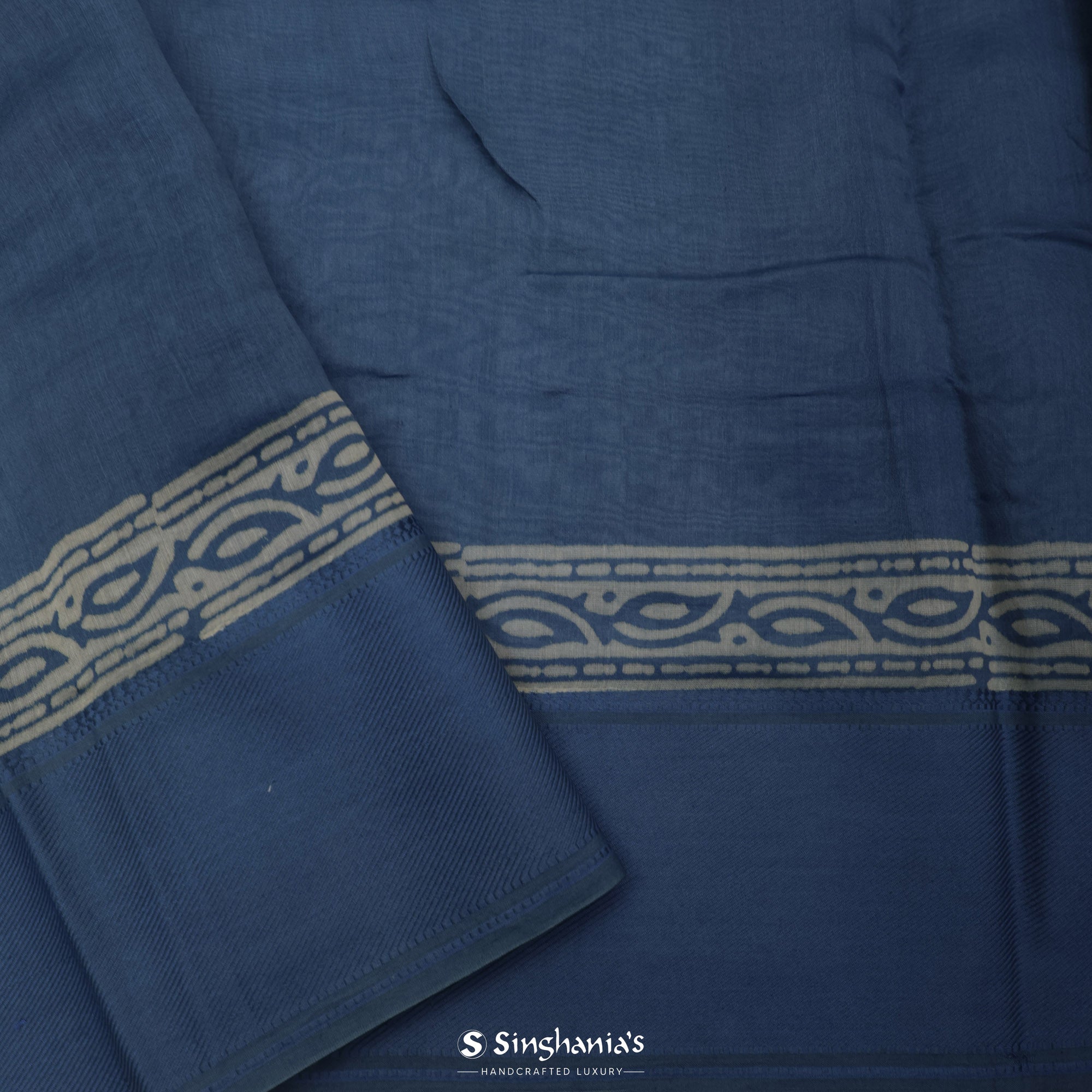 Grey Blue Printed Chanderi Silk Saree With Floral Design