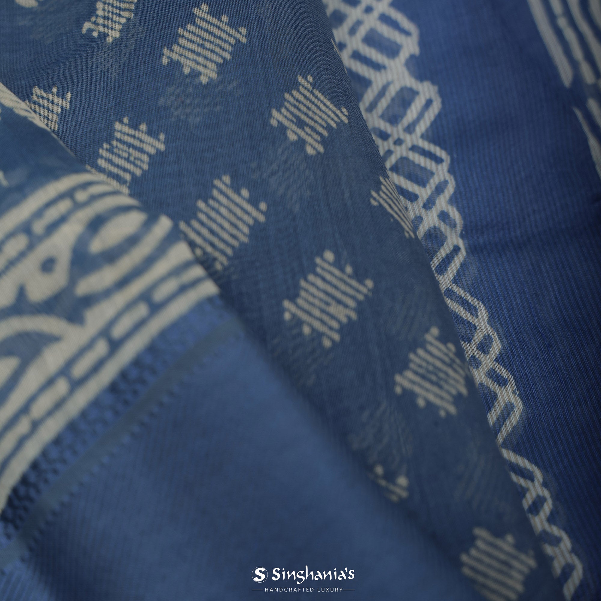 Grey Blue Printed Chanderi Silk Saree With Floral Design