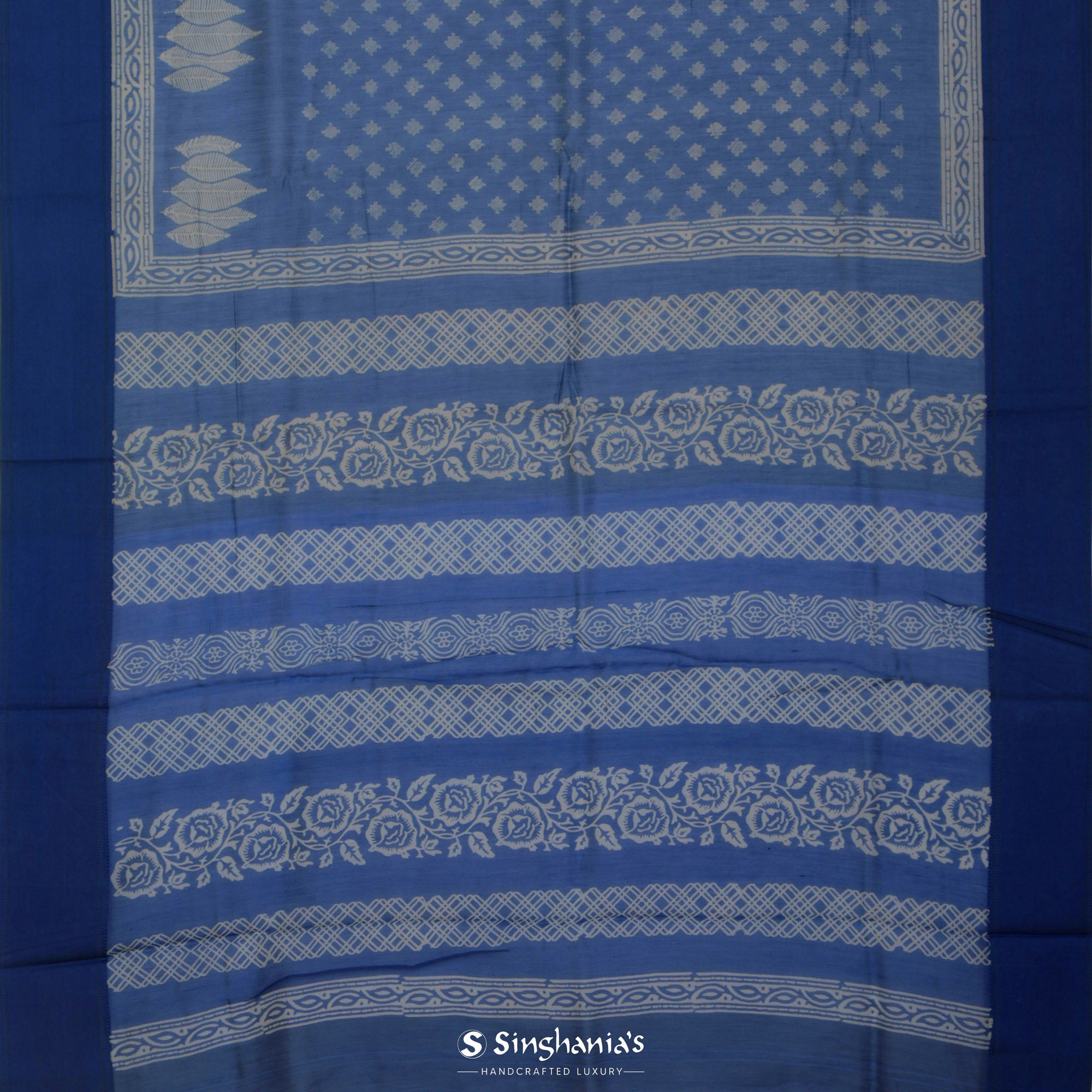 Grey Blue Printed Chanderi Silk Saree With Floral Design