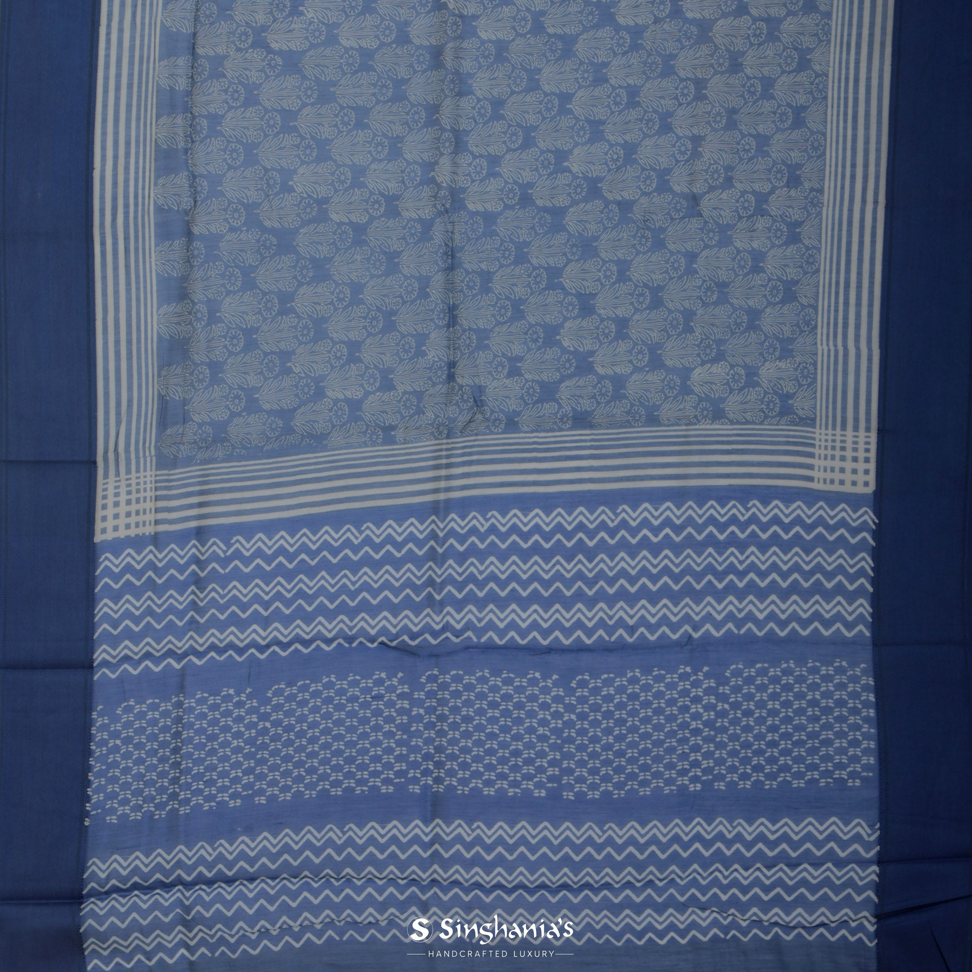 Medium Sapphire Blue Printed Chanderi Silk Saree With Floral Motif Pattern