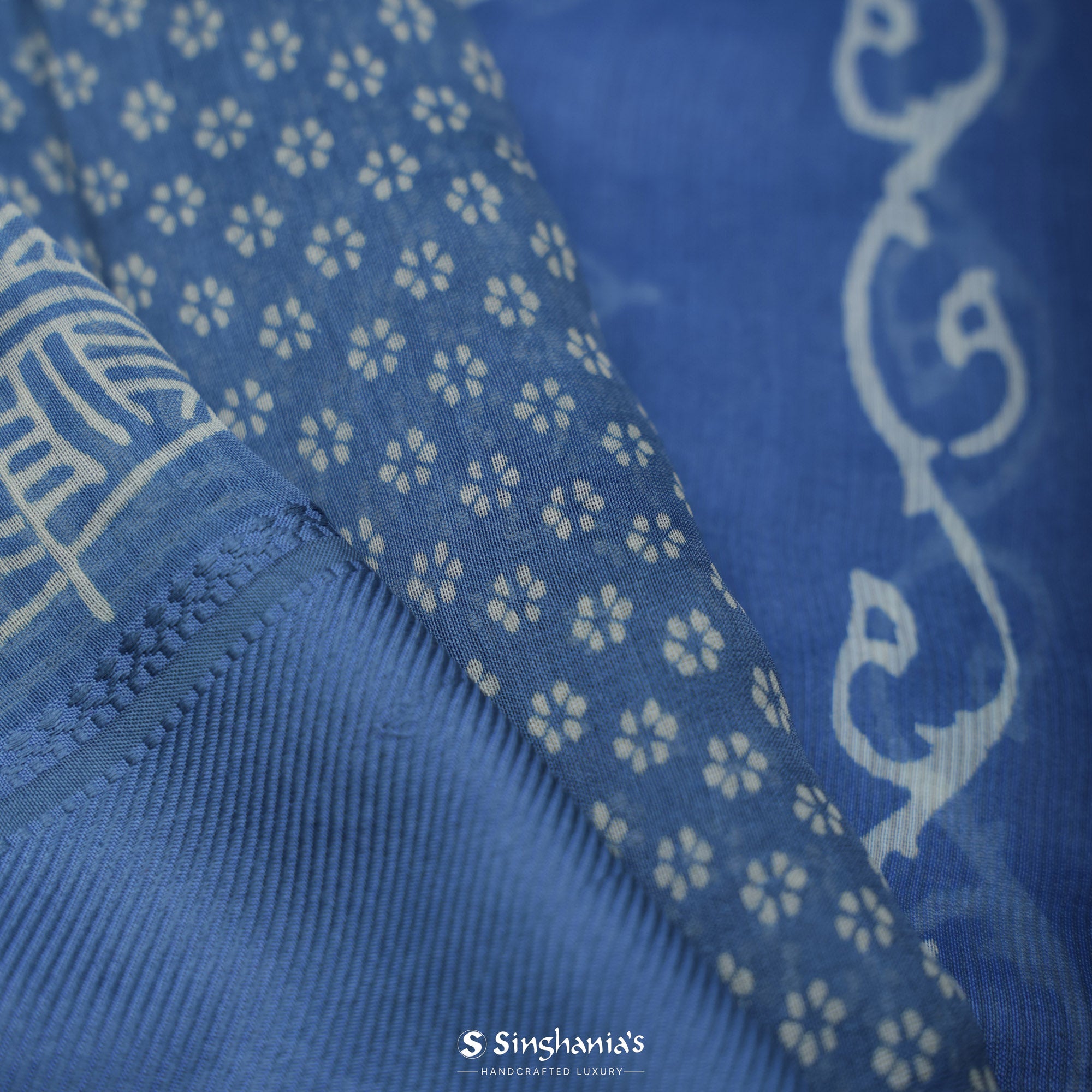 Medium Sapphire Blue Printed Chanderi Silk Saree With Floral Butti Pattern