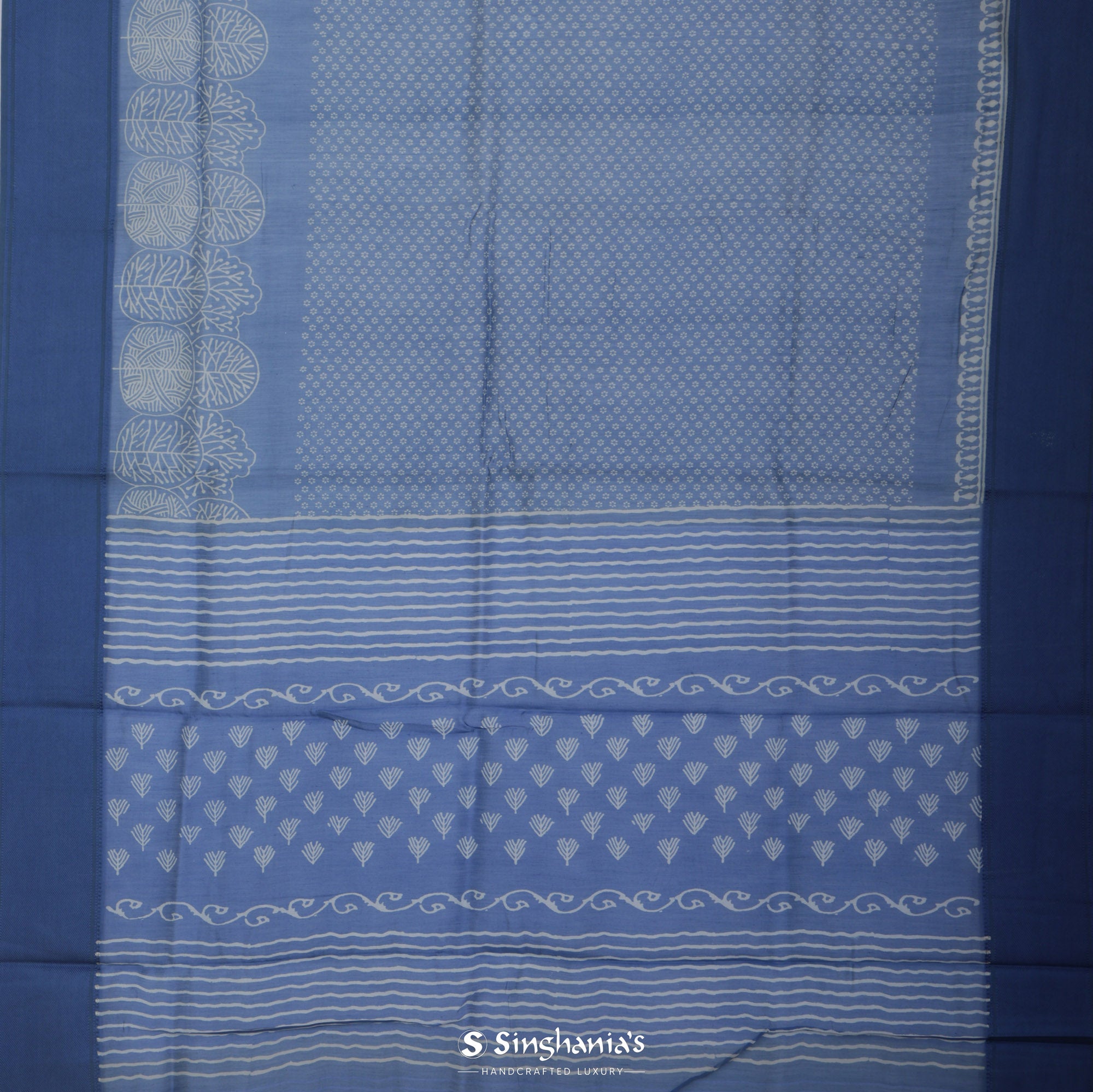 Medium Sapphire Blue Printed Chanderi Silk Saree With Floral Butti Pattern