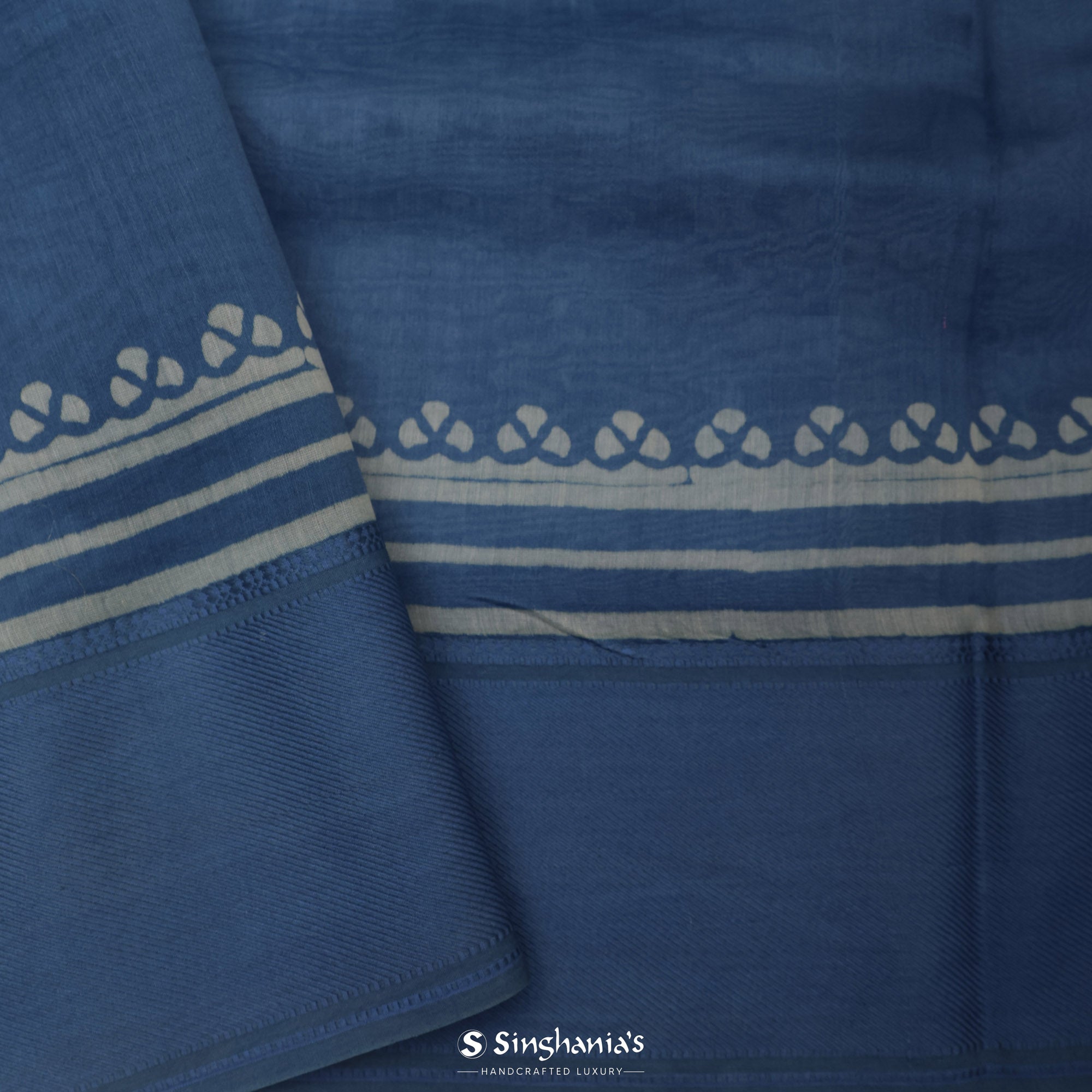 Polynesian Blue Printed Chanderi Silk Saree With Geometrical Design