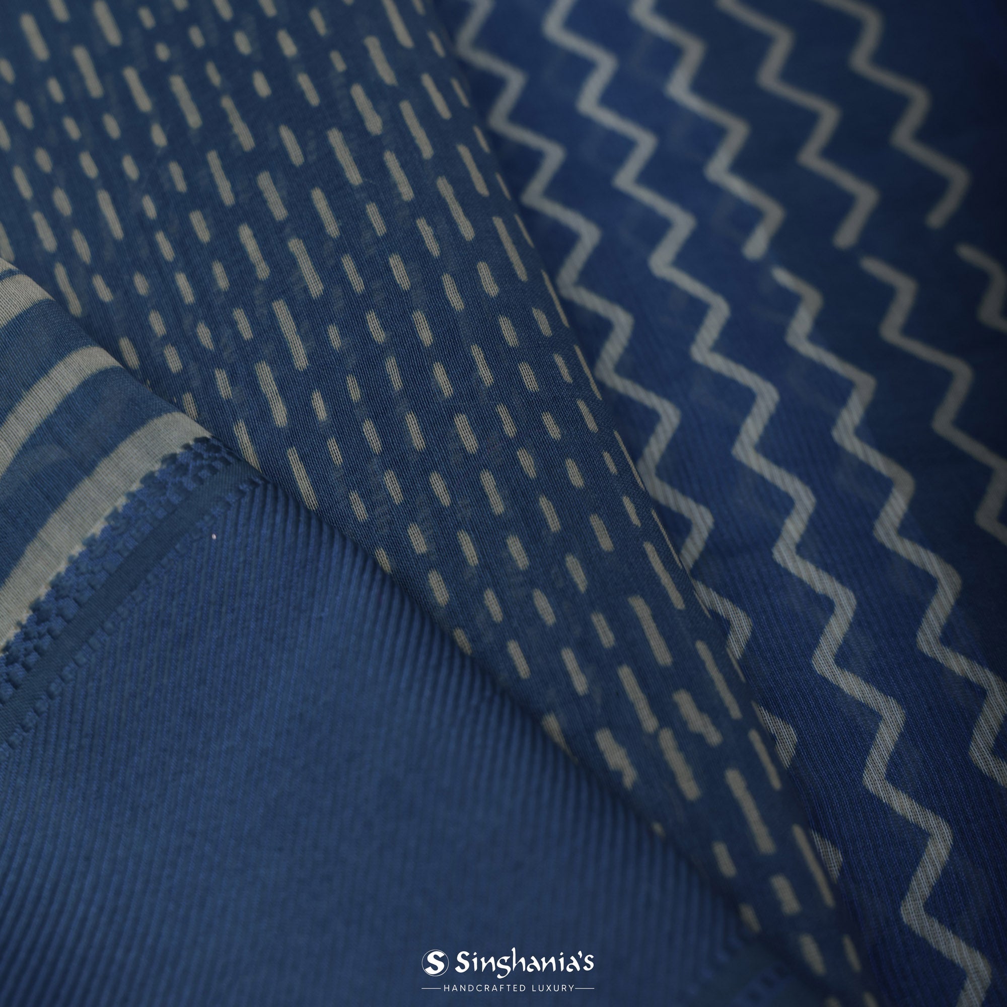 Polynesian Blue Printed Chanderi Silk Saree With Geometrical Design