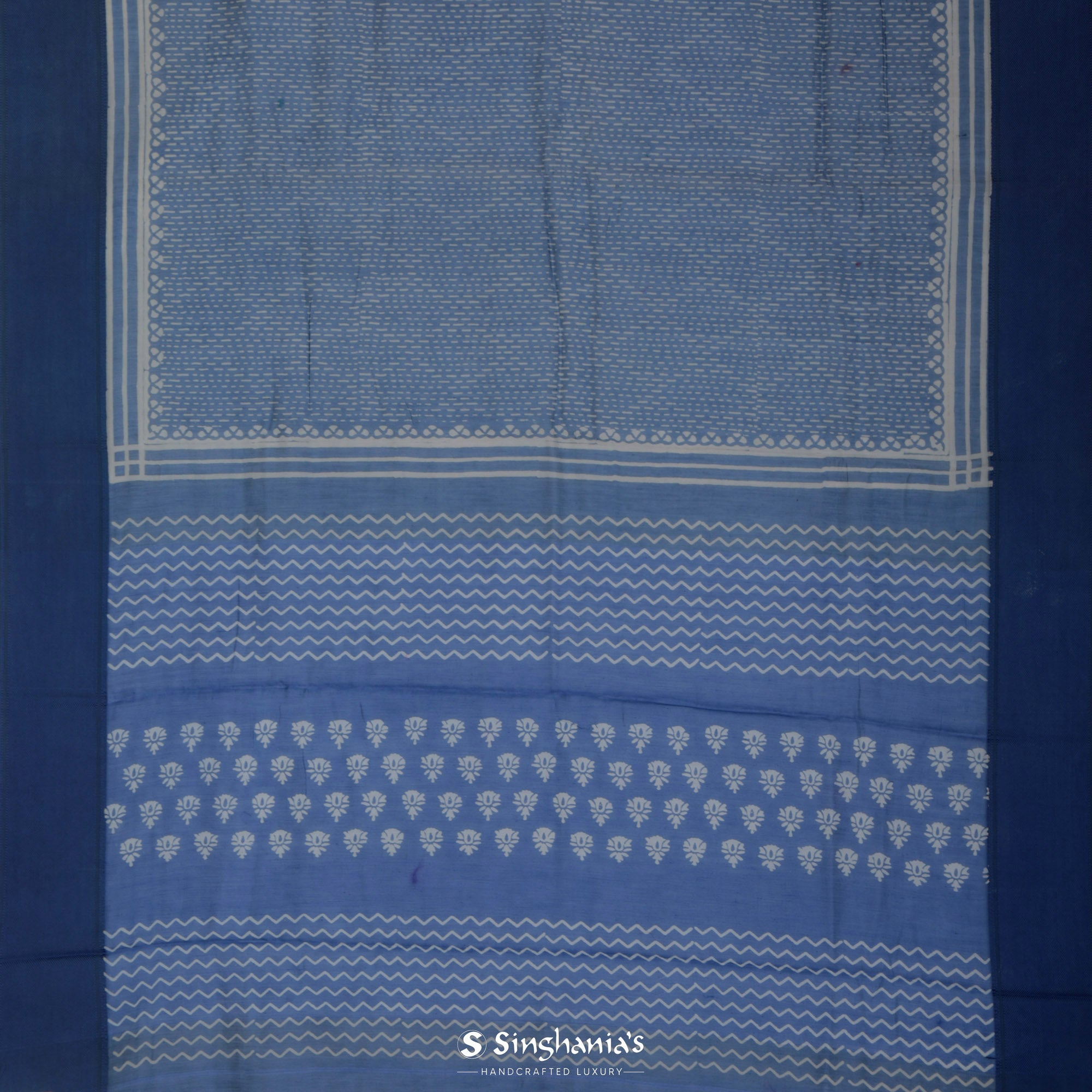 Polynesian Blue Printed Chanderi Silk Saree With Geometrical Design