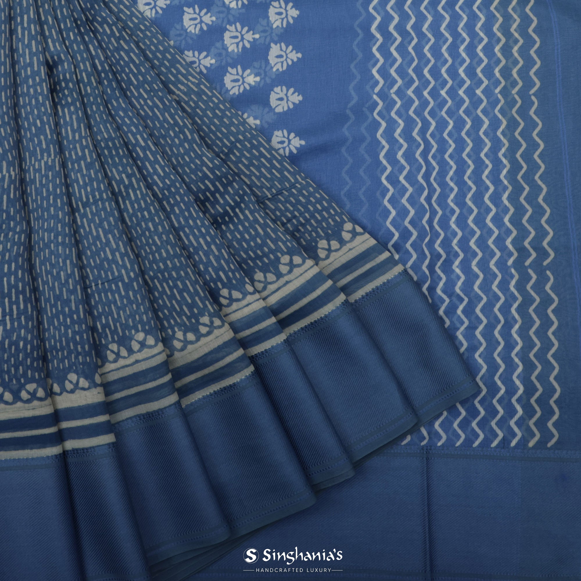 Polynesian Blue Printed Chanderi Silk Saree With Geometrical Design