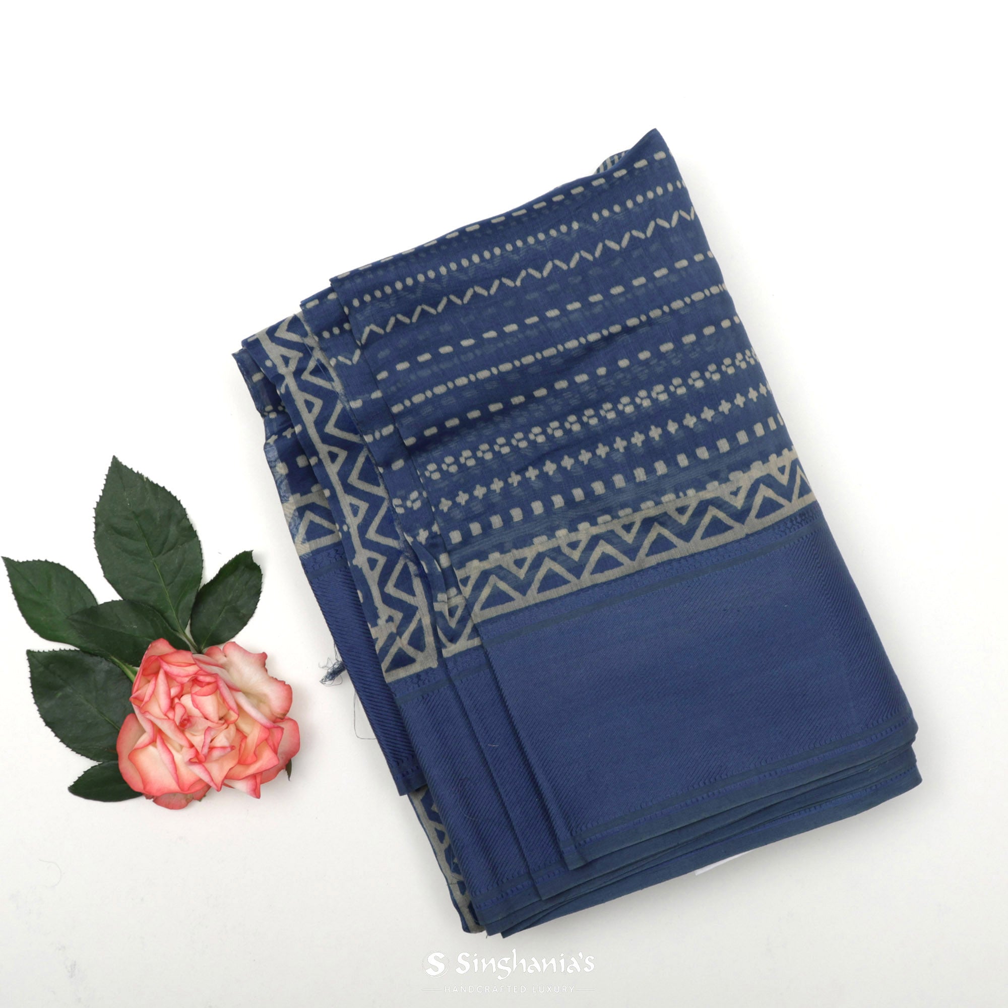 Sapphire Blue Printed Chanderi Silk Saree With Floral Motif Design