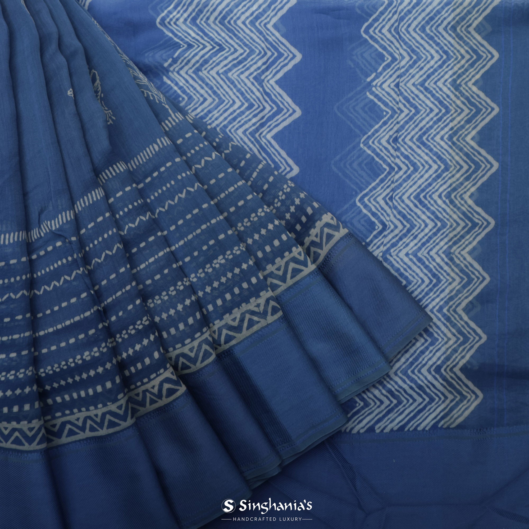 Sapphire Blue Printed Chanderi Silk Saree With Floral Motif Design