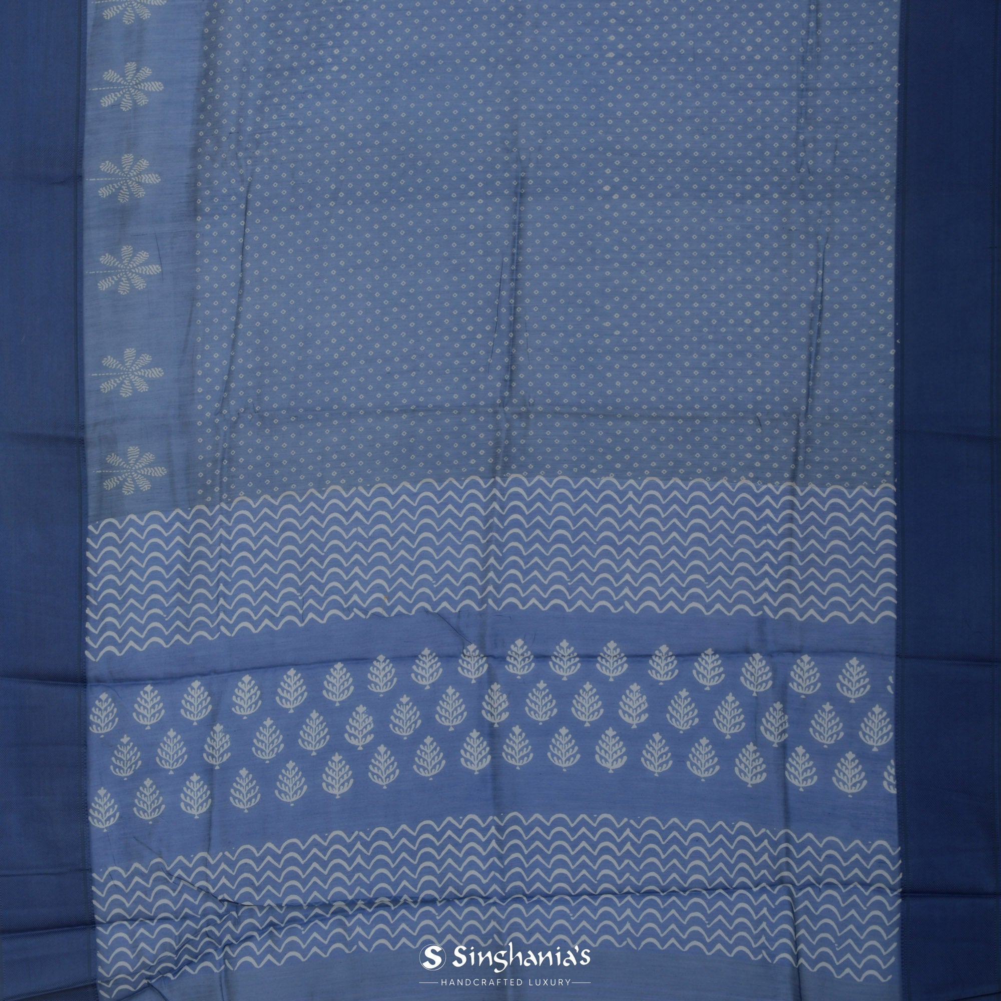 Glaucous Blue Printed Chanderi Silk Saree With Bandhani Butti Design