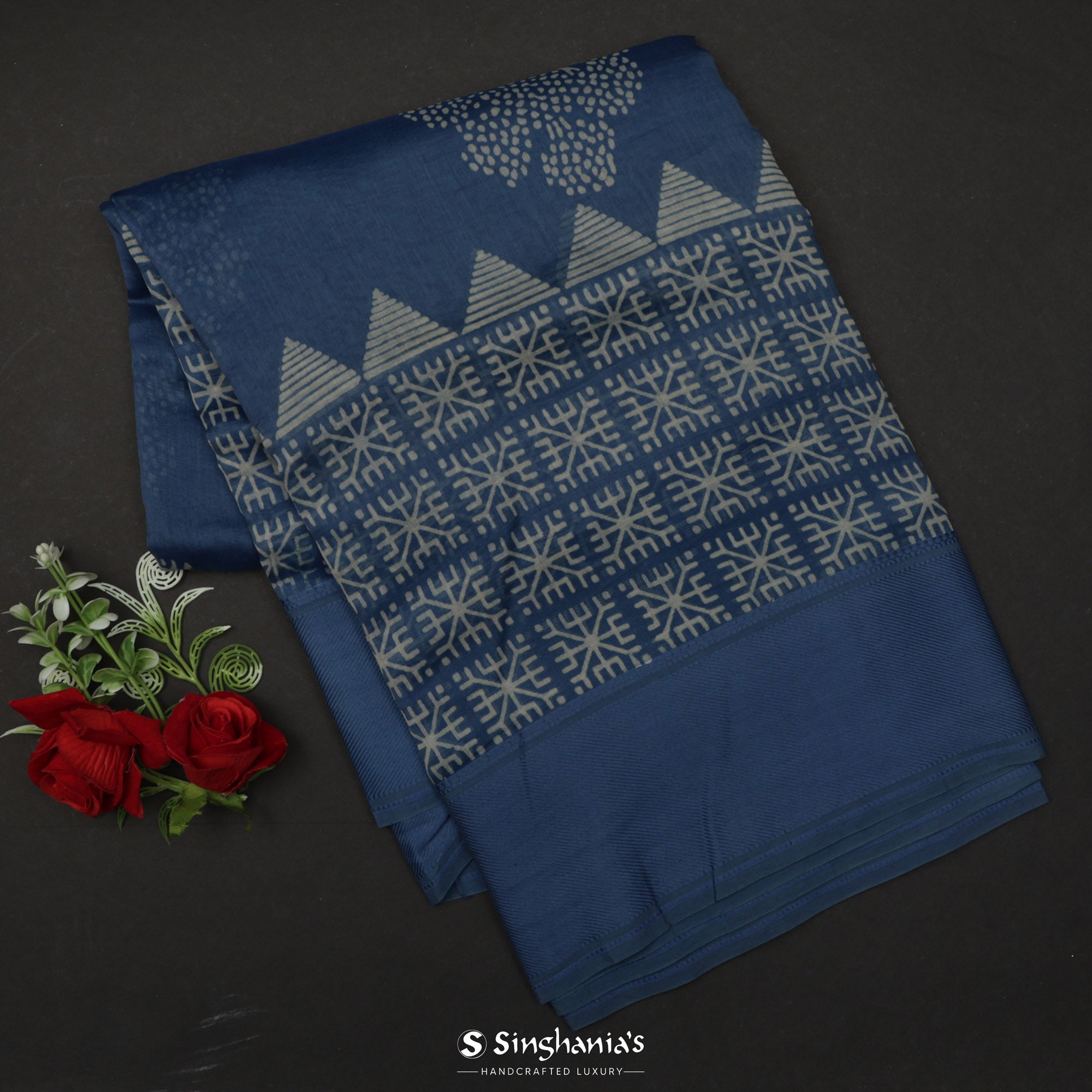 Sapphire Blue Printed Chanderi Silk Saree With Floral Motif Design