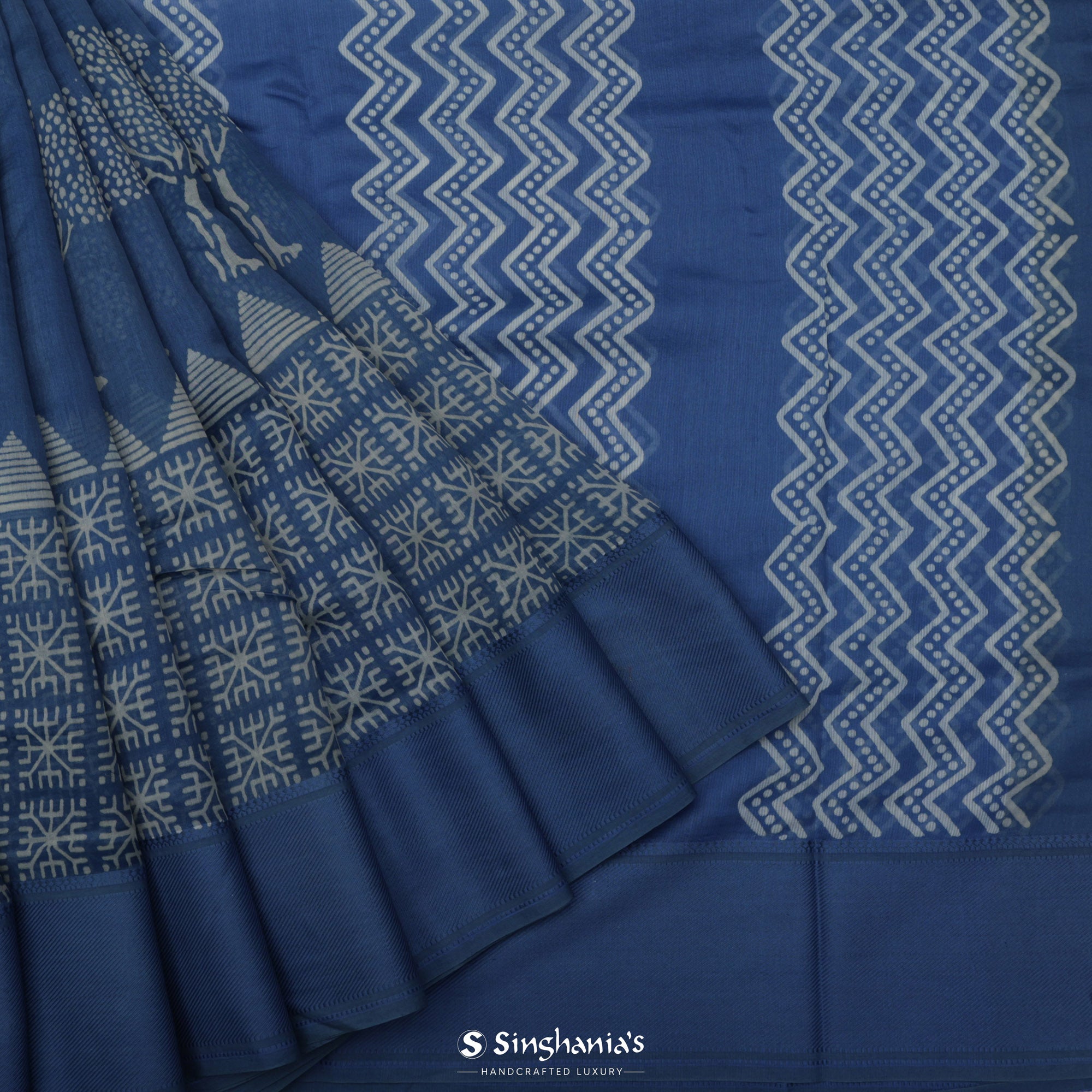 Sapphire Blue Printed Chanderi Silk Saree With Floral Motif Design