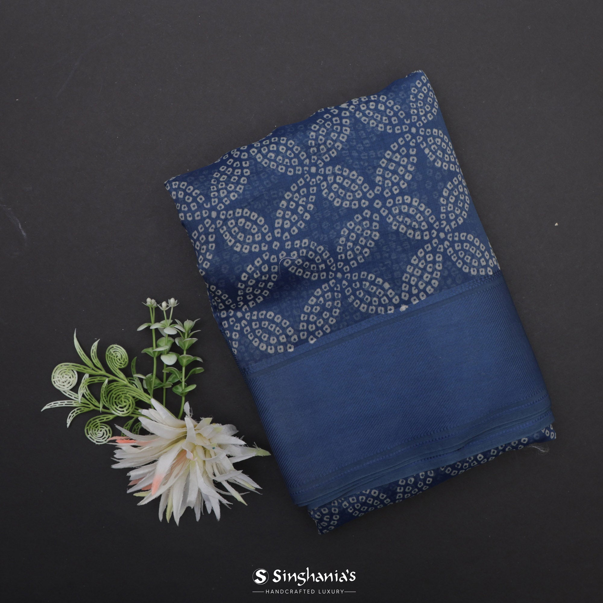 Medium Sapphire Blue Printed Chanderi Silk Saree With Floral Jaal Design
